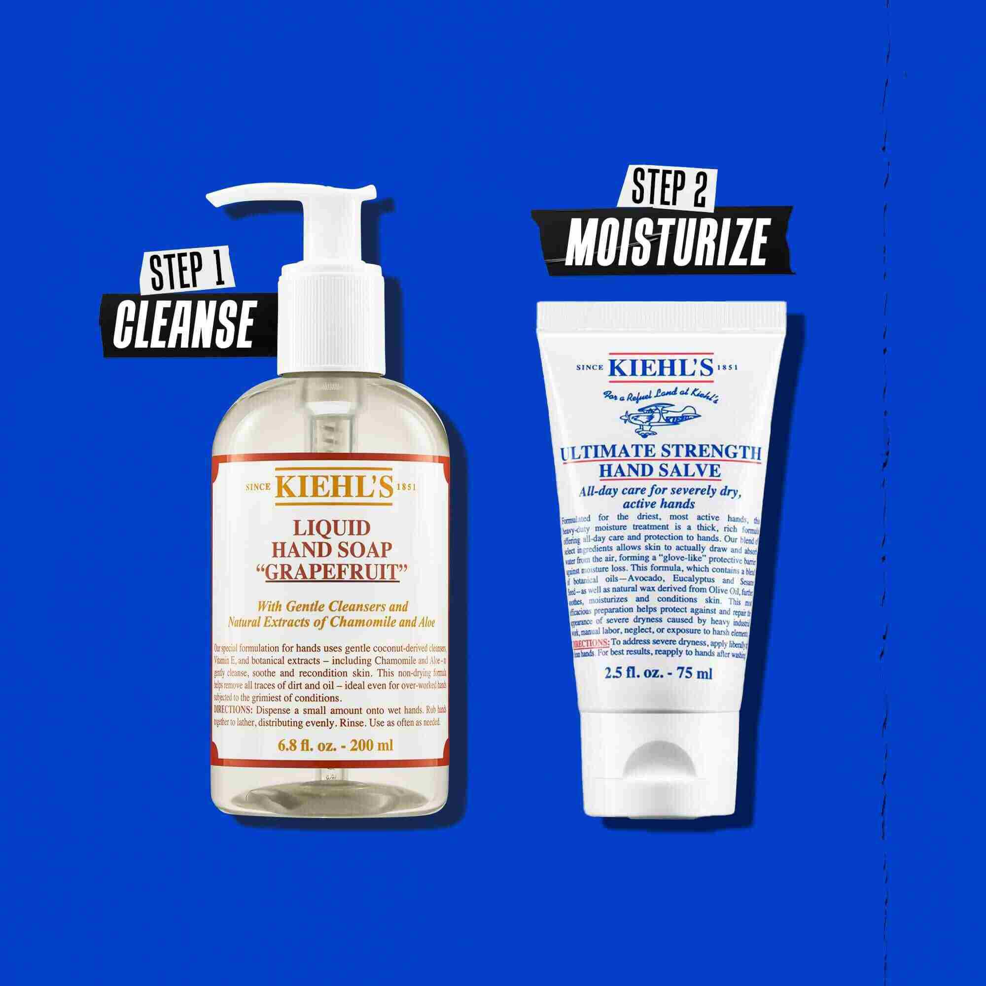 Ilustracia rutiny s Kiehl's Ultimate Strength Hand Salve – čistenie, hydratacia