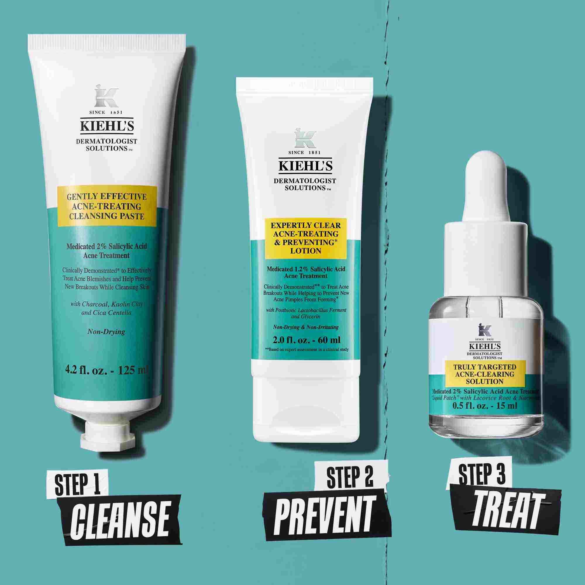 Trojkrokova rutina na čistenie nedokonalosti s produktmi Kiehl's. Krok 1: Čistiaca pasta na ošetrenie nedokonalosti. Krok 2: Pleťova voda na ošetrenie a prevenciu nedokonalosti. Krok 3: Truly-Targeted Blemish-Clearing Solution.