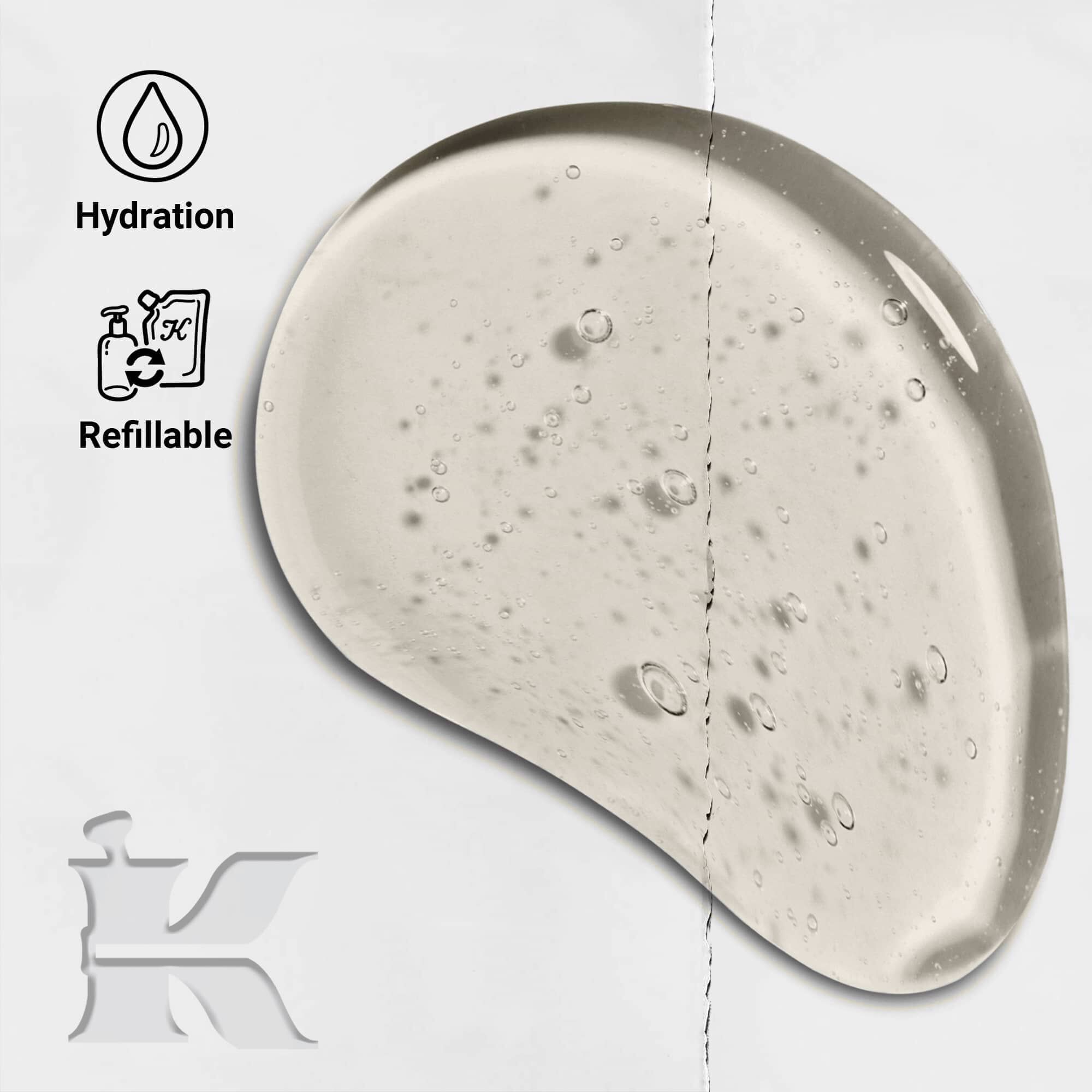 Fotografia textury šamponu Amino Acid s ikonami, ktore ukazuju, že je plniteľny a poskytuje hydrataciu