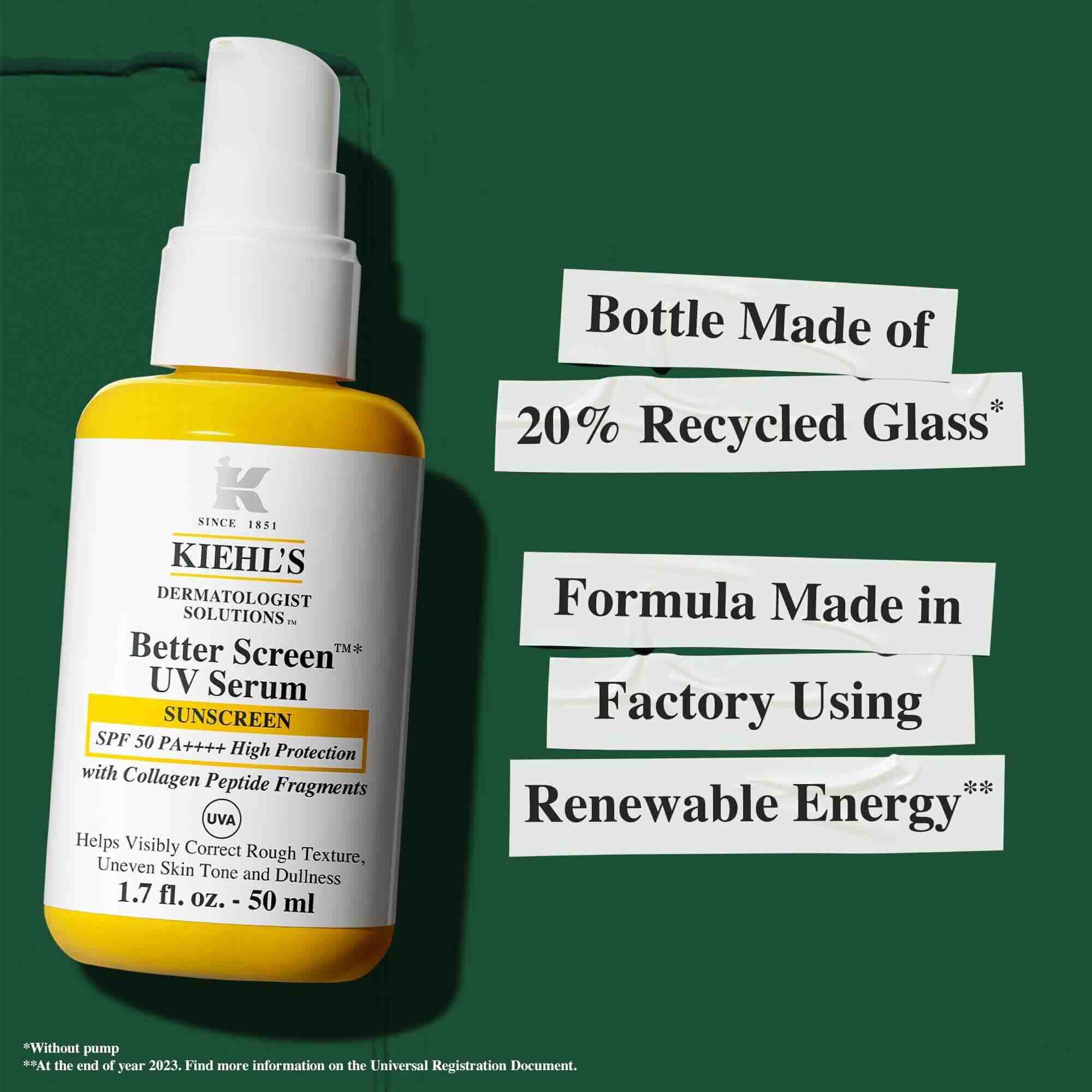 Kiehl's Better Screen UV Serum, SPF 50, vo fľaštičke vyrobenej z 20 % recyklovaneho skla, udržateľne vyrabanej s využitim obnoviteľnej energie