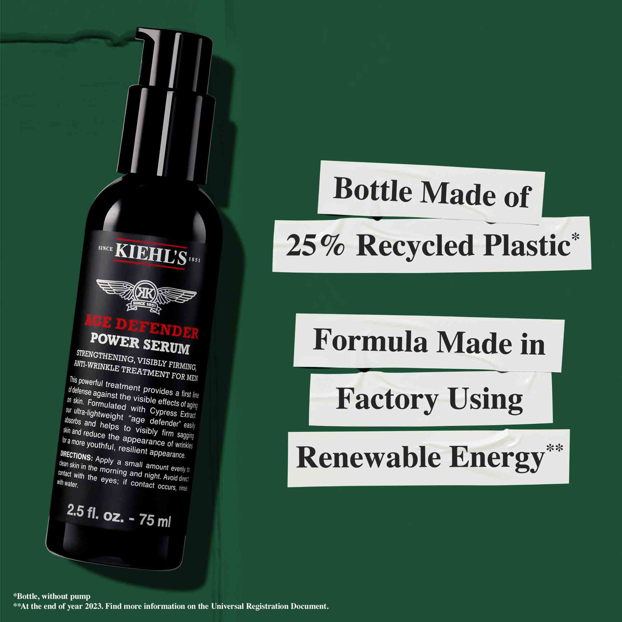 Fľaštička sera Age Defender Power Serum vyrobena z 25 % z recyklovaneho plastu; zloženie vyrobene v tovarni využivajucej obnoviteľnu energiu.