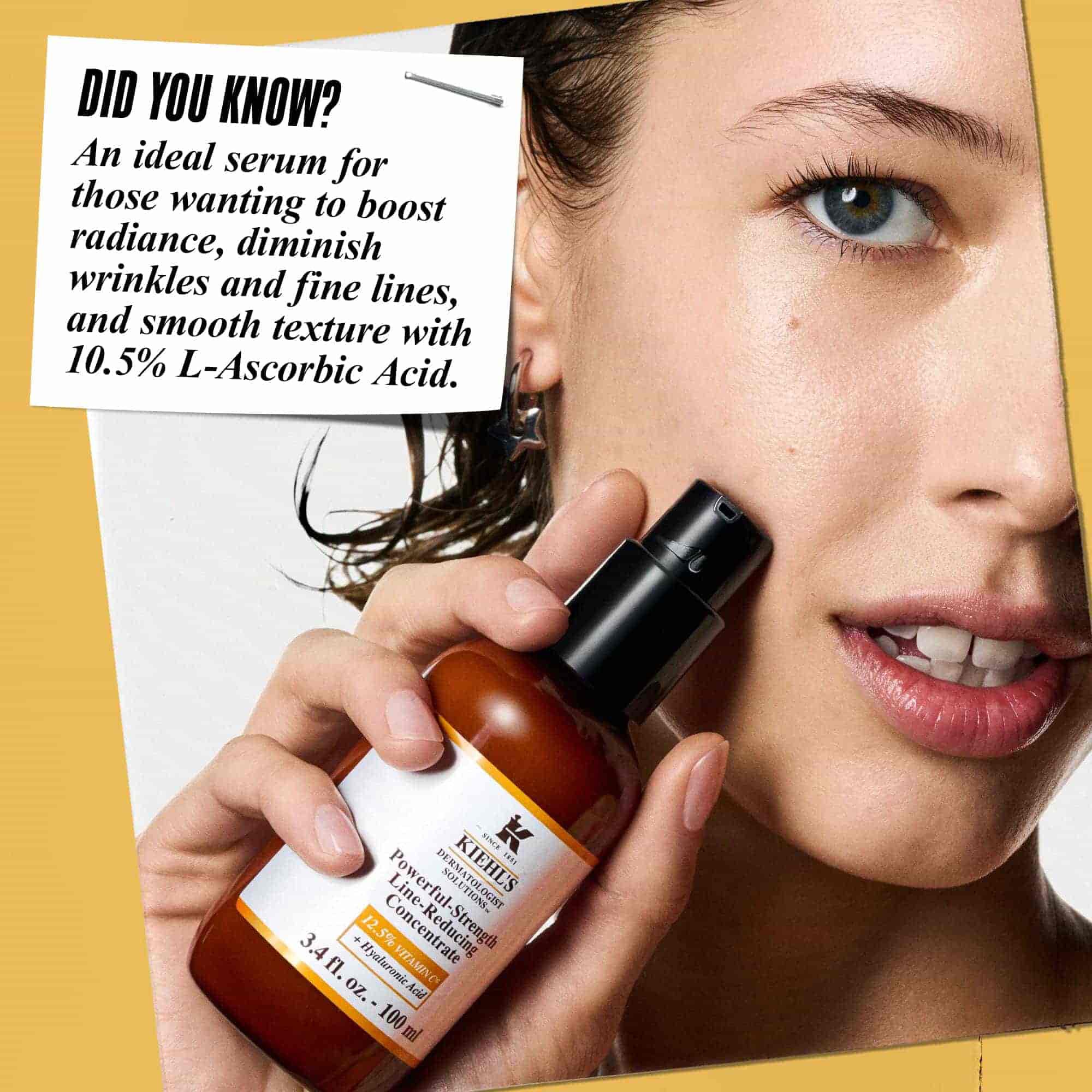 Osoba aplikujuca Powerful-Strength Line-Reducing Concentrate na tvar. Text znie: „Vedeli ste? Toto vysoko učinne serum, idealne pre nerovnomerny ton pleti, je formulovane s 12,5 % fragmentovaneho vitaminu C a kyselinou hyaluronovou.“