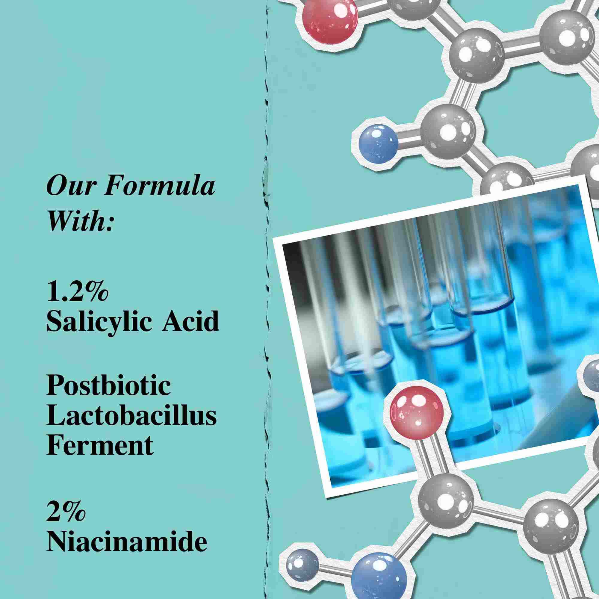 Grafika zdorazňujuca kľučove zložky Expertly Clear Blemish-Treating & Preventing Lotion, vratane kyseliny salicylovej, postbiotickeho fermentu Lactobacillus a niacinamidu.