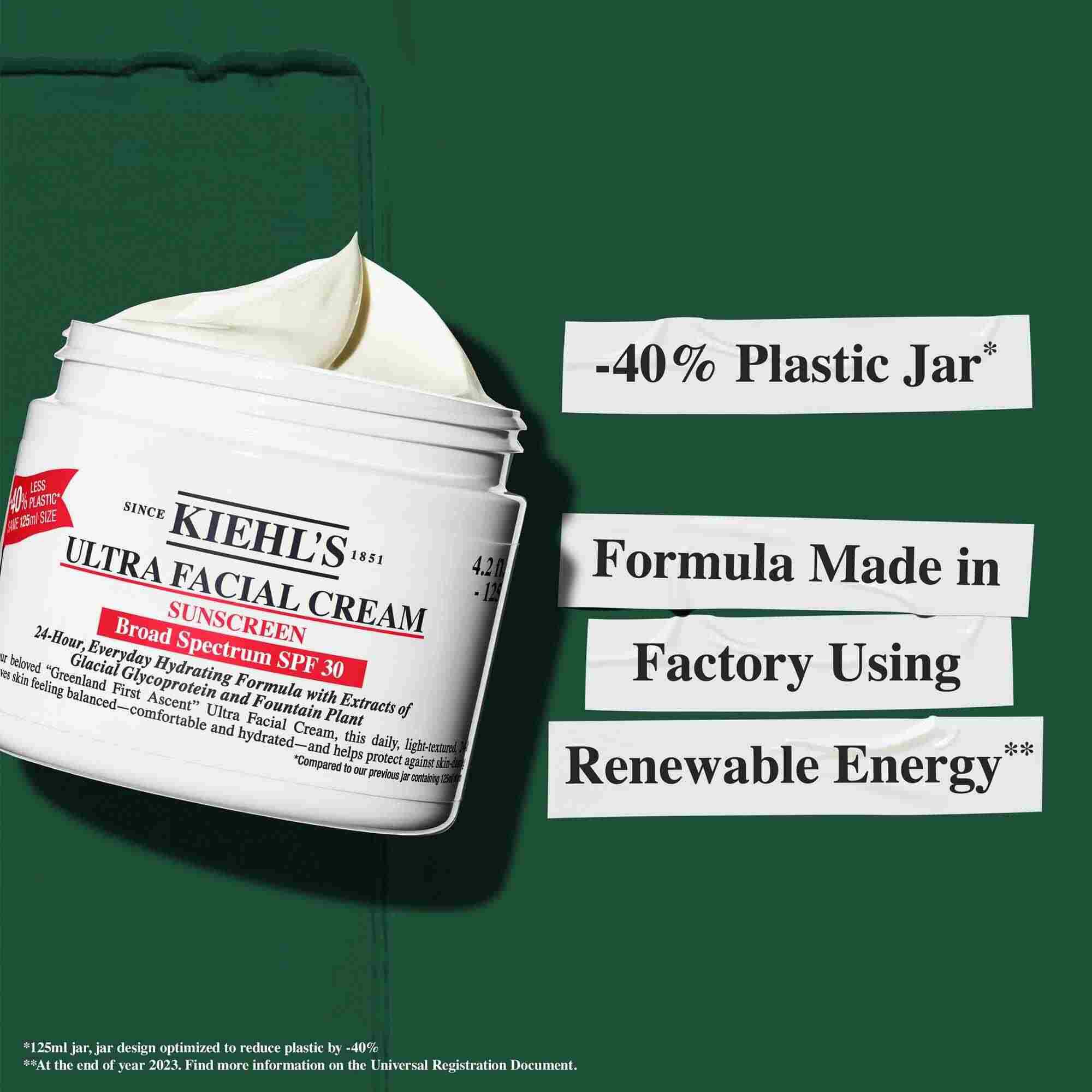 Teglik Ultra Facial Cream SPF 30 s textom zdorazňujucim udržateľnosť: „-40 % plastovy teglik“ a „Zloženie vyrobene v tovarni využivajucej obnoviteľnu energiu.“