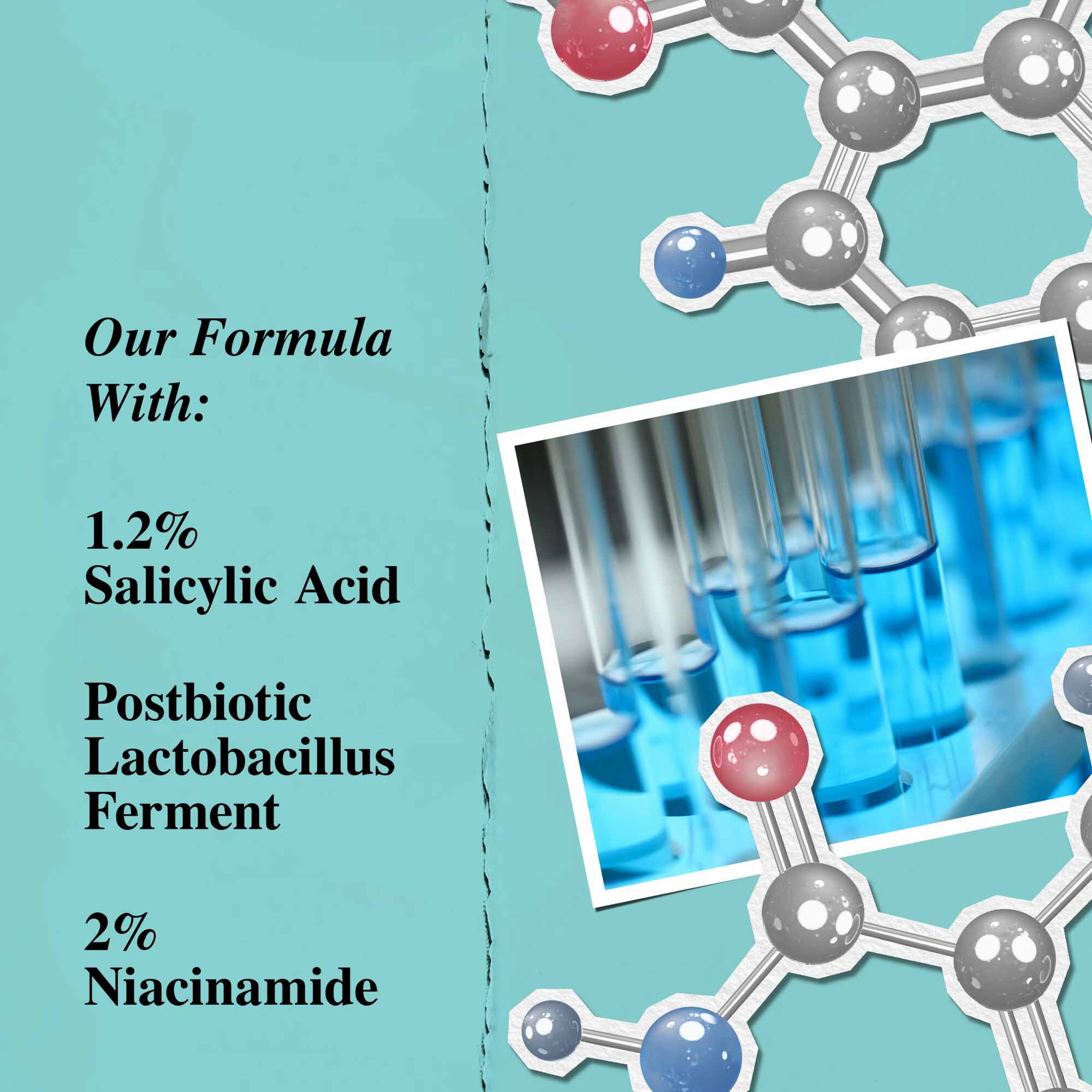 Grafika zdorazňujuca kľučove zložky Expertly Clear Blemish-Treating & Preventing Lotion, vratane kyseliny salicylovej, postbiotickeho fermentu Lactobacillus a niacinamidu.