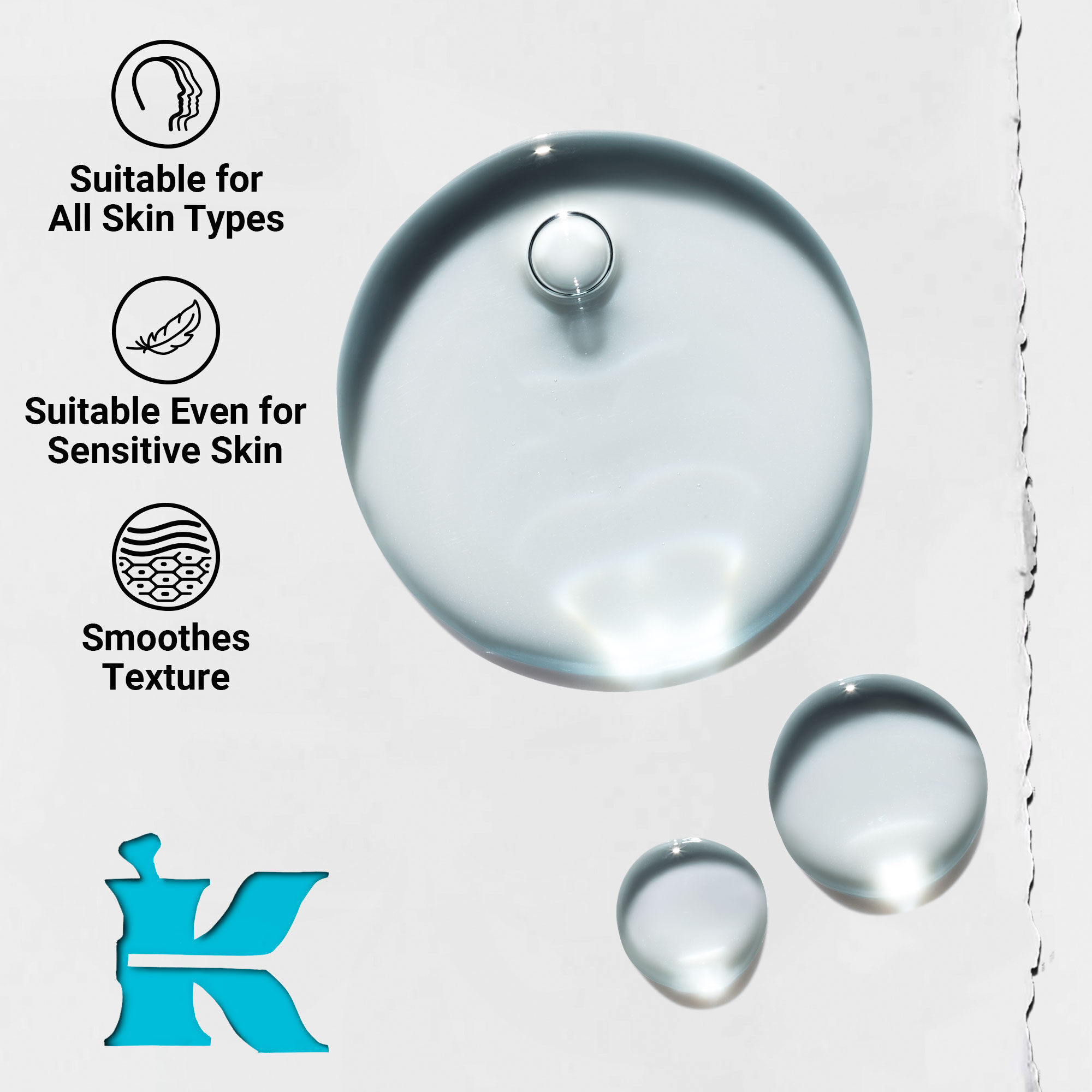 Detail textury Clearly Corrective Triple Acid Peel ukazujuci čire kvapky tekutiny a bublinky.