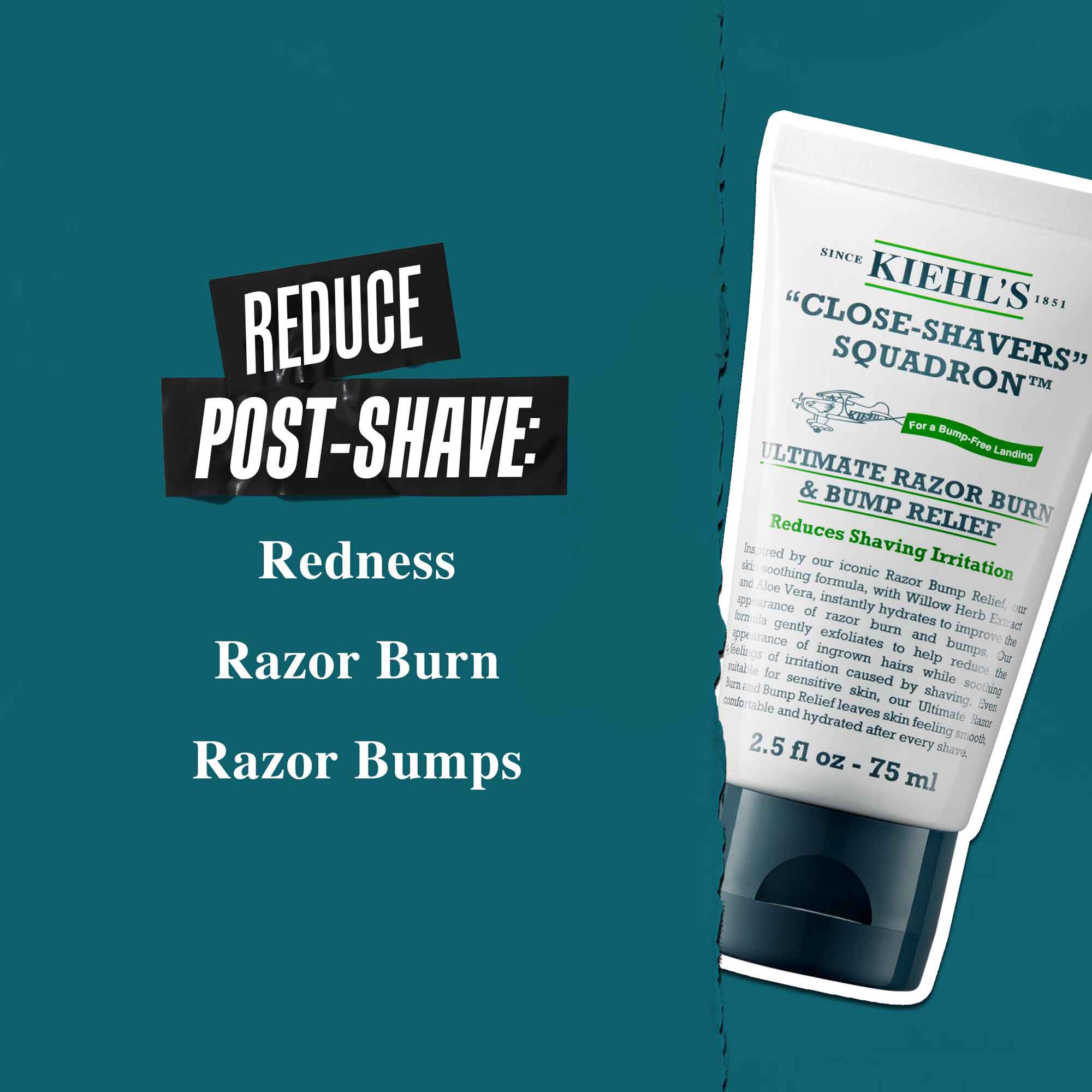 Tuba Close Shavers Squadron Smooth Glider Precision Shave Lotion na modrozelenom pozadi. Text znie: „Redukuje začervenanie po holeni, palenie žiletkou a vyražky.“