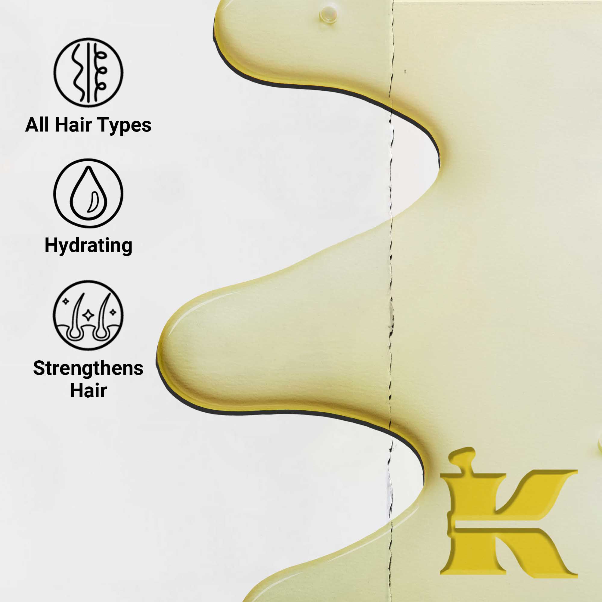 Detail textury Magic Elixir Hair Oil. Text zdorazňuje, že je hydratačny, ľahky a navrhnuty na zlepšenie textury vlasov pre všetky typy vlasov.