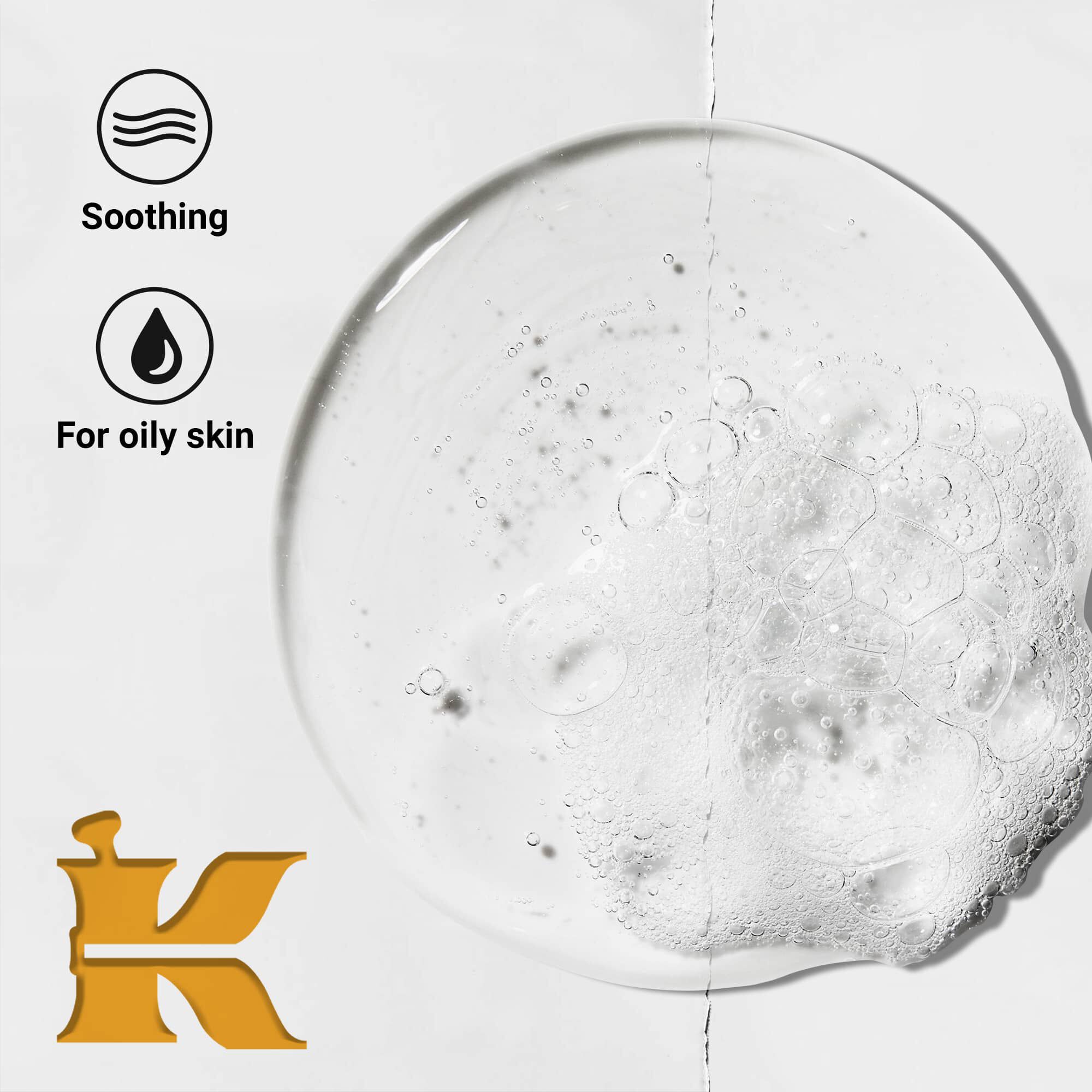 Fotografia textury produktu s ikonami uvadzajucimi, že je upokojujuci a určeny pre mastnu pleť