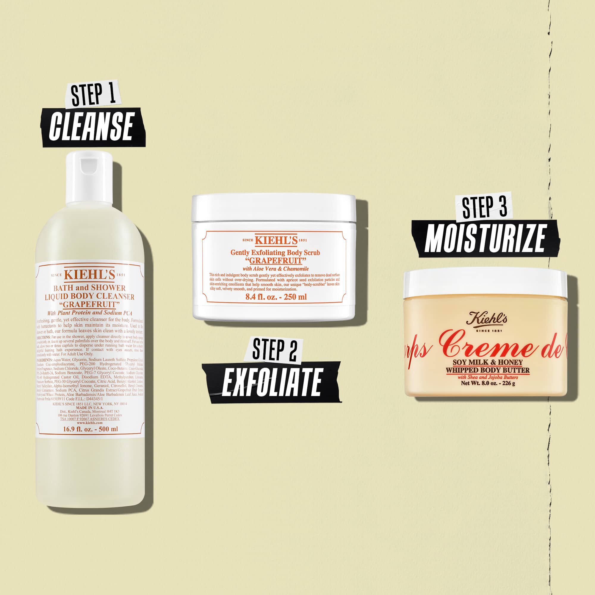 Ilustracia rutiny s telovym maslom Creme de Corps Whipped Butter – čistenie, exfoliacia, hydratacia