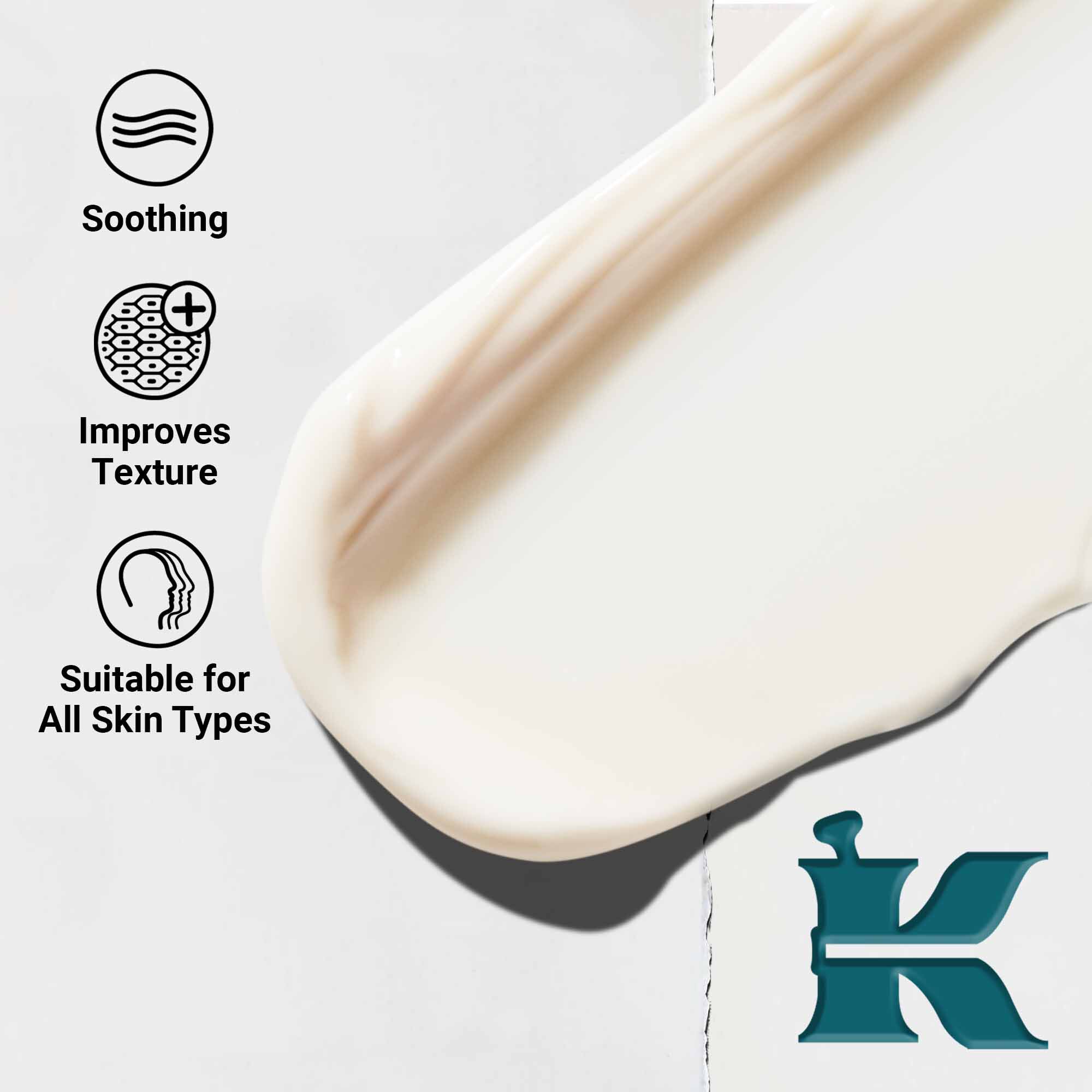 Detail textury Kiehl's Close Shavers Squadron Smooth Glider Precision Shave Lotion. Text zdorazňuje vyhladzujuce vlastnosti a zlepšenie textury, vhodne pre všetky typy pleti.