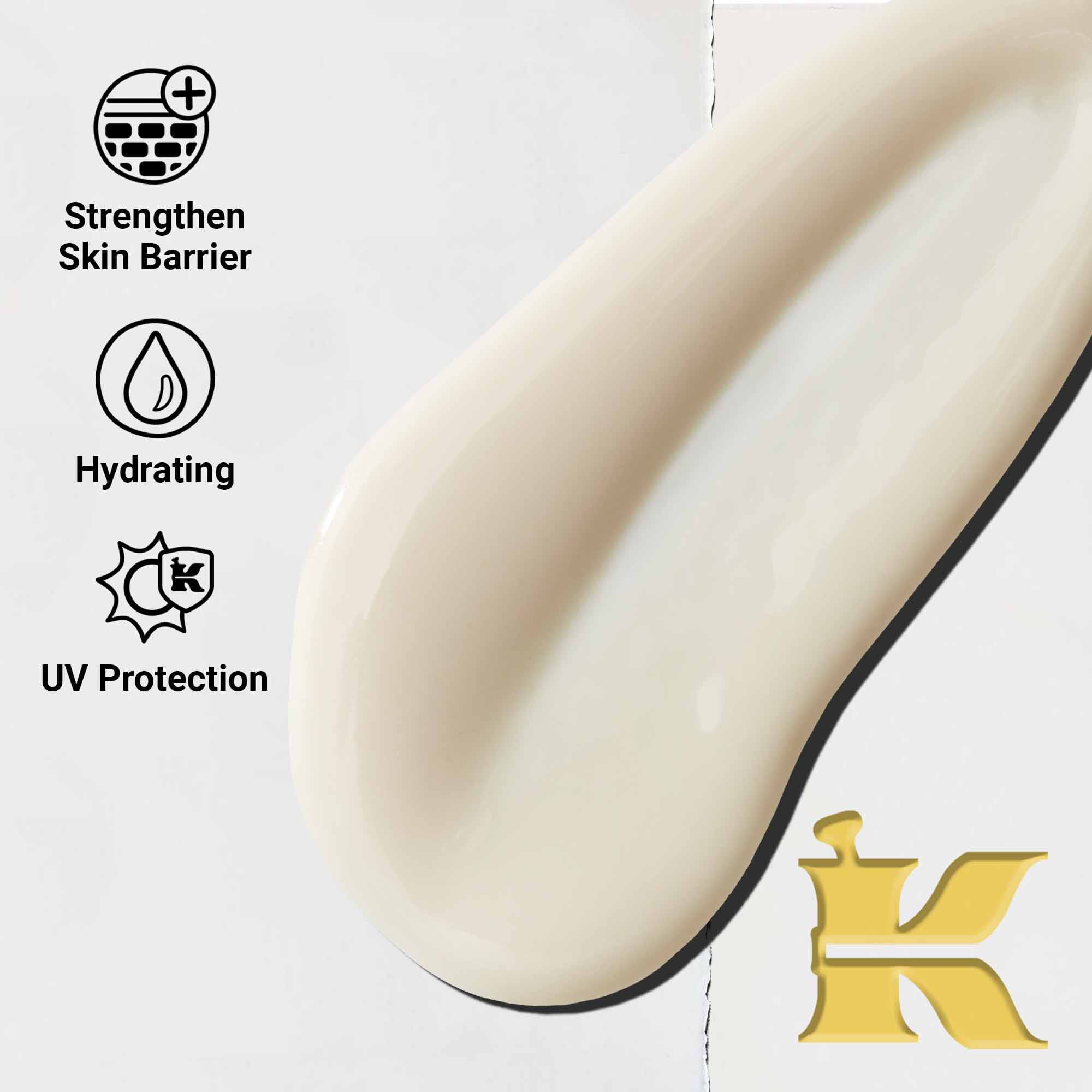 Detail textury Ultra-Light Daily UV Defense. Text zdorazňuje jeho ľahku, hydratačnu a širokospektralnu UV ochranu.