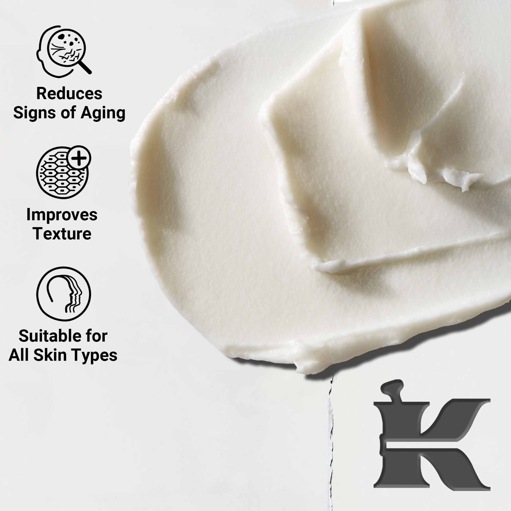 Detail textury kremu Age Defender Eye Repair; redukuje znamky starnutia a zlepšuje texturu, vhodny pre všetky typy pleti.