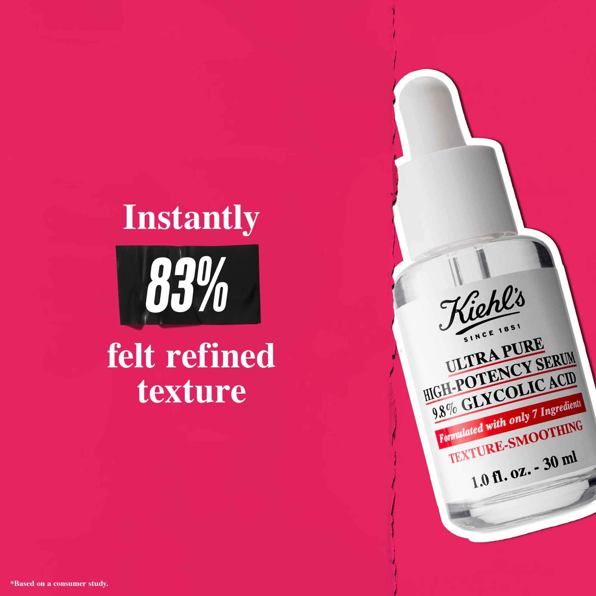 Fľaštička Ultra Pure 9.8% Glycolic Acid Serum na ružovom pozadi s textom: „Okamžite 83 % pocitilo zjemnenu texturu.“