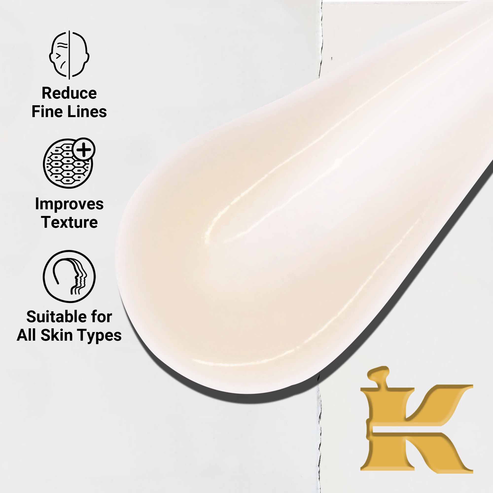 Detail textury Powerful-Strength Line-Reducing Concentrate. Text zdorazňuje jeho schopnost redukovať jemne vrasky, zlepšovať texturu a vhodnosť pre všetky typy pleti.