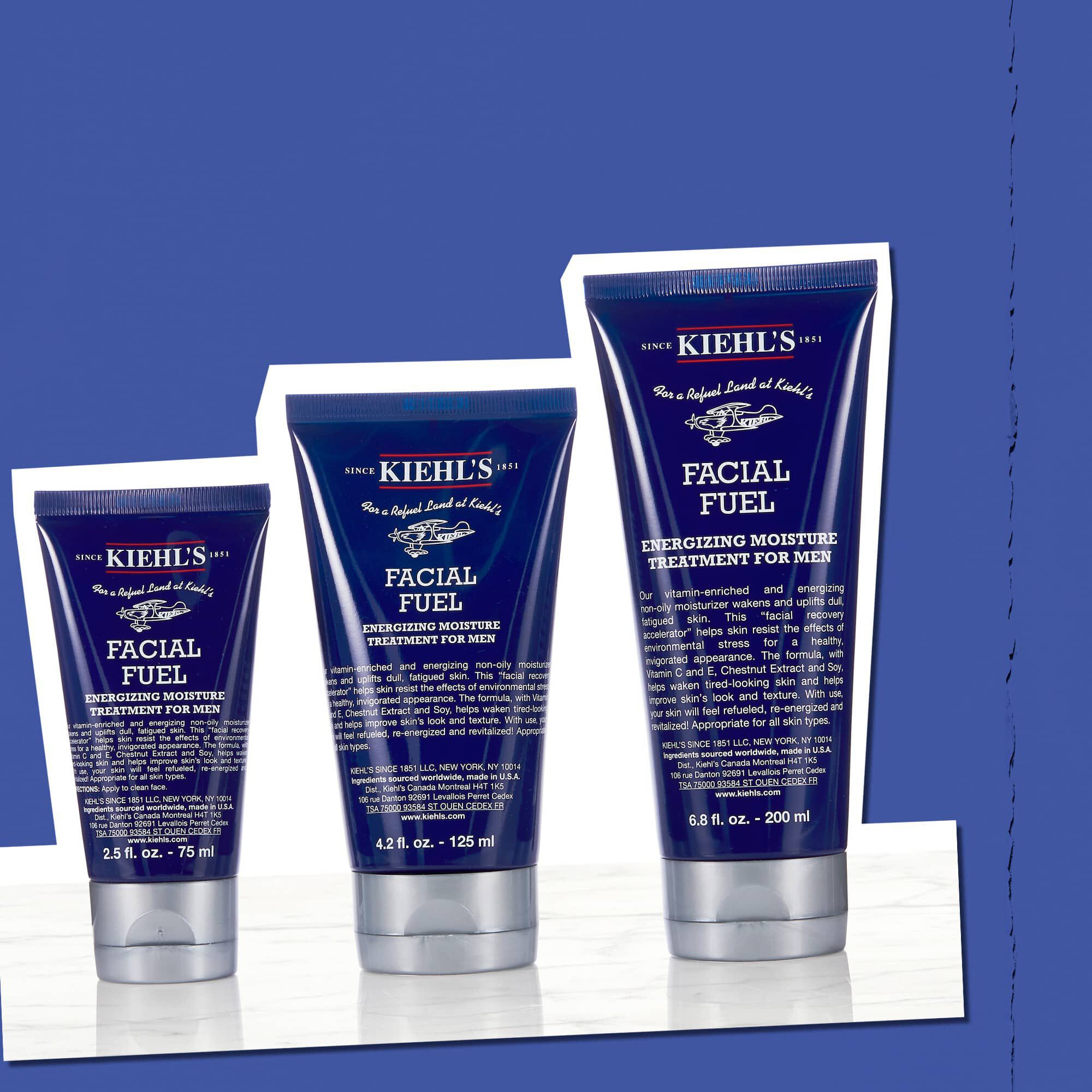 Tri nadobky energizujucej hydratačnej starostlivosti pre mužov Facial Fuel ilustrujuce dostupne veľkosti