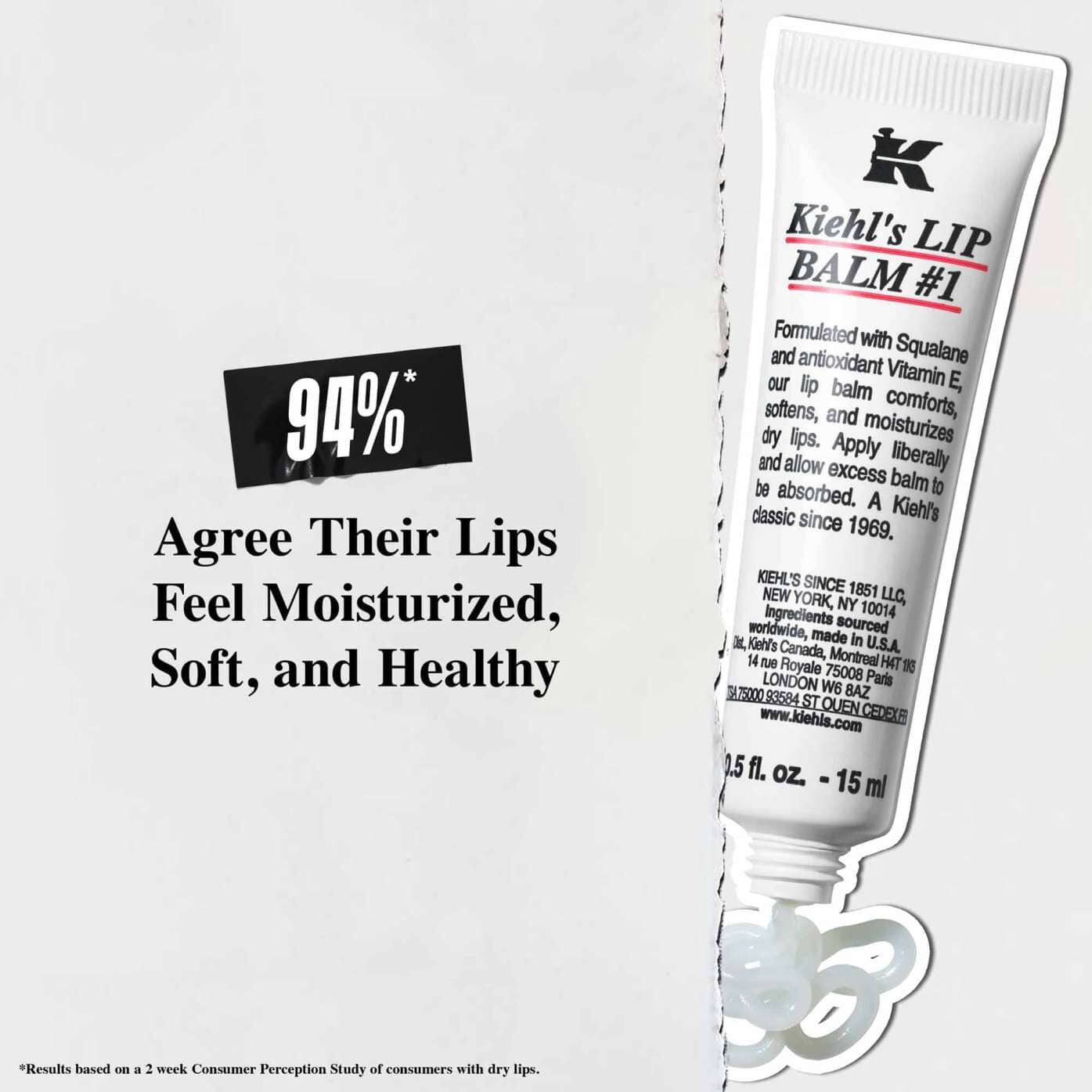Tuba balzamu Lip Balm #1 na bielom pozadi s textom: „94 % suhlasi, že ich pery su hydratovane, jemne a zdrave.“
