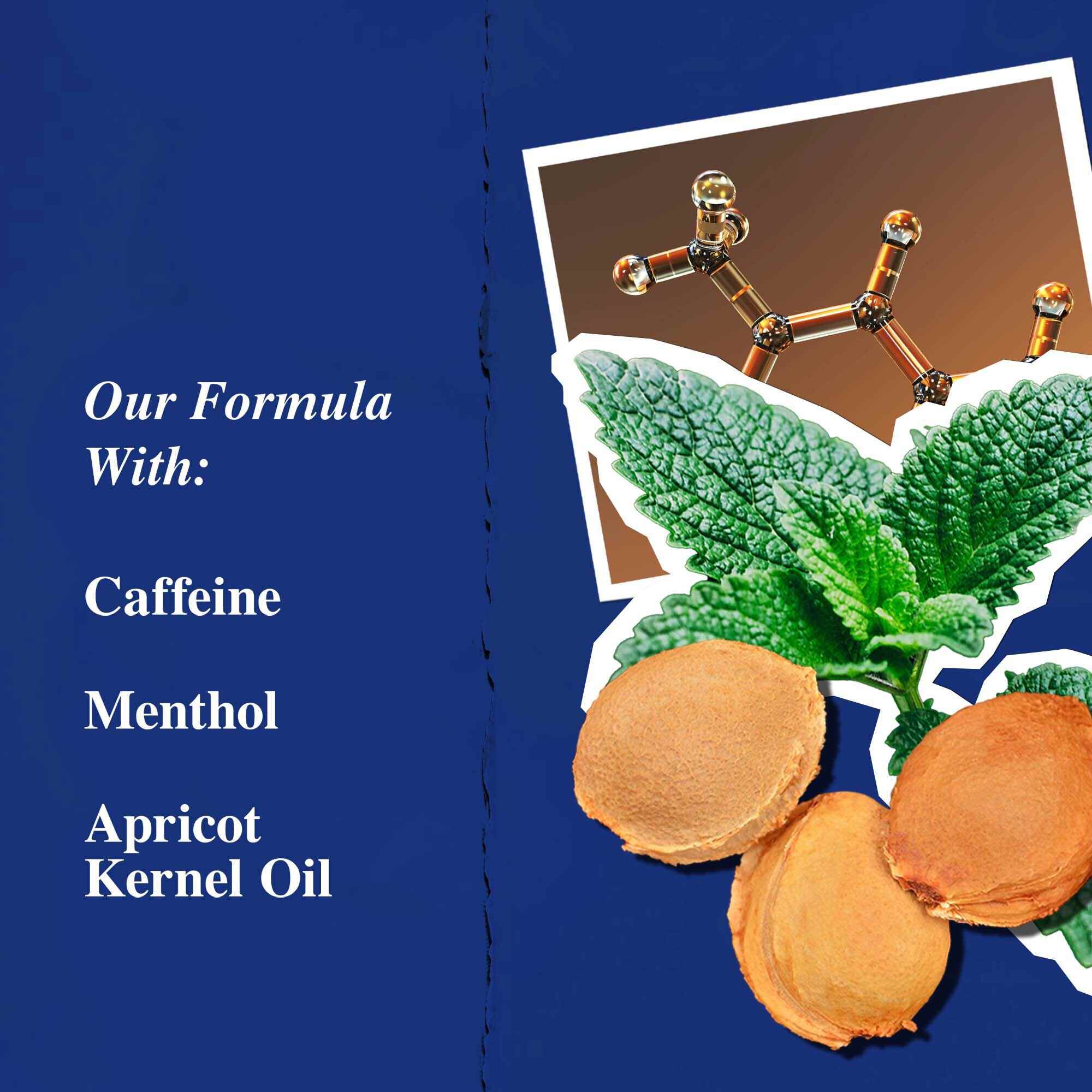 Grafika kľučovych zložiek: kofein, mentol a marhuľovy olej.