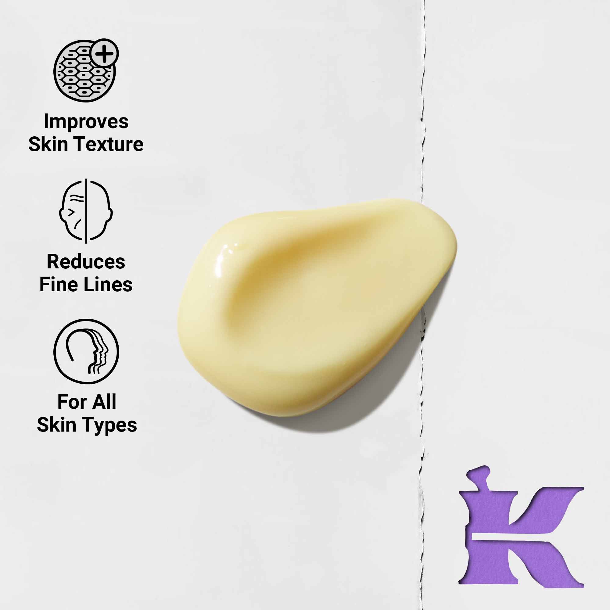 Fotografia textury s ikonami uvadzajucimi, že redukuje jemne linie a je určeny pre všetky typy pleti