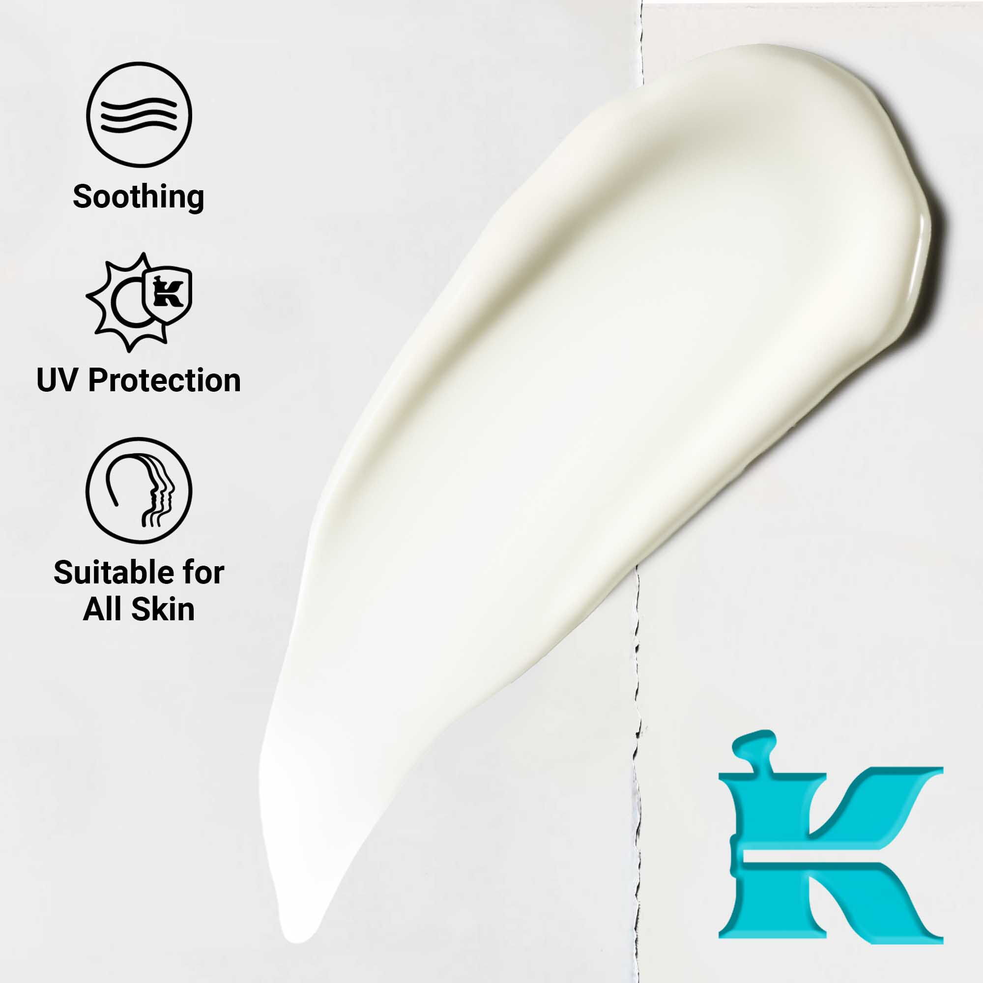 Detail textury Ultra Light Daily UV Defense Aqua Gel ukazujuci ľahke, kremove zloženie. Text zdorazňuje upokojujuce učinky a UV ochranu, vhodne pre všetky typy pleti.