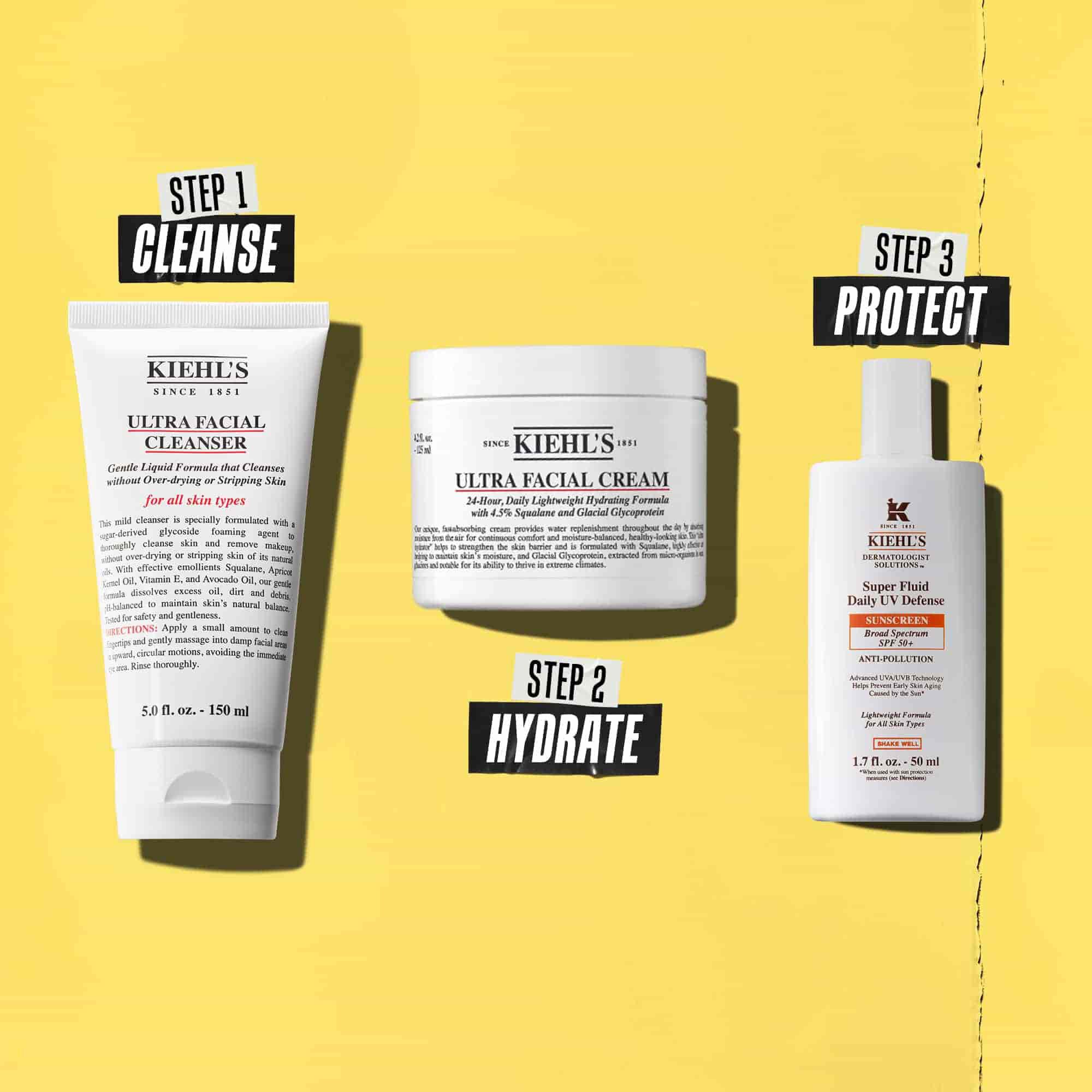 Tri produkty Kiehl's predstavujuce rutinu. Zľava doprava: čistiaci pripravok, hydratačny krem a opaľovaci krem.