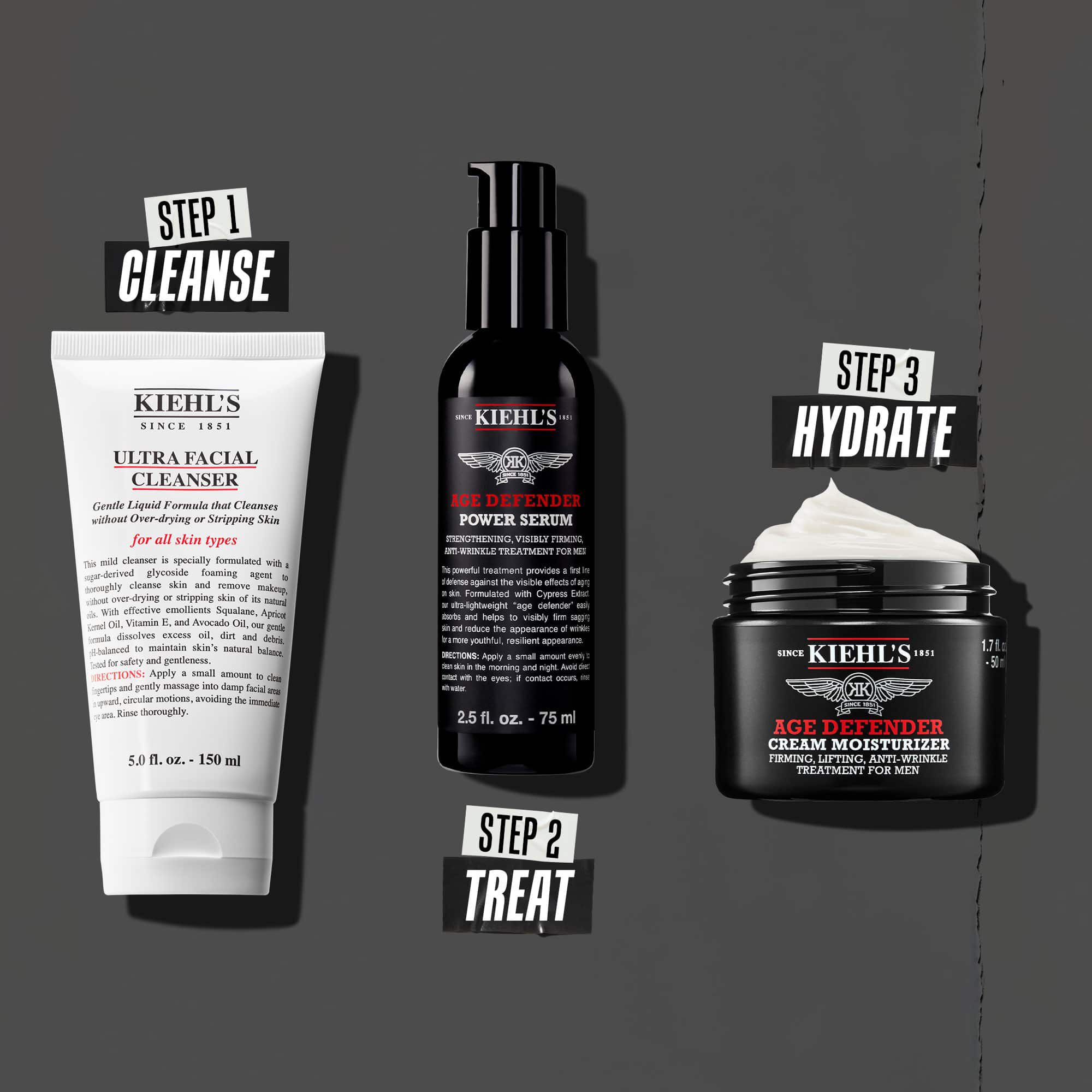 Trojkrokova rutina Age Defender: 1. krok: starostlivosť o oči. 2. krok: hydratačne serum. 3. krok: obnovujuci krem.