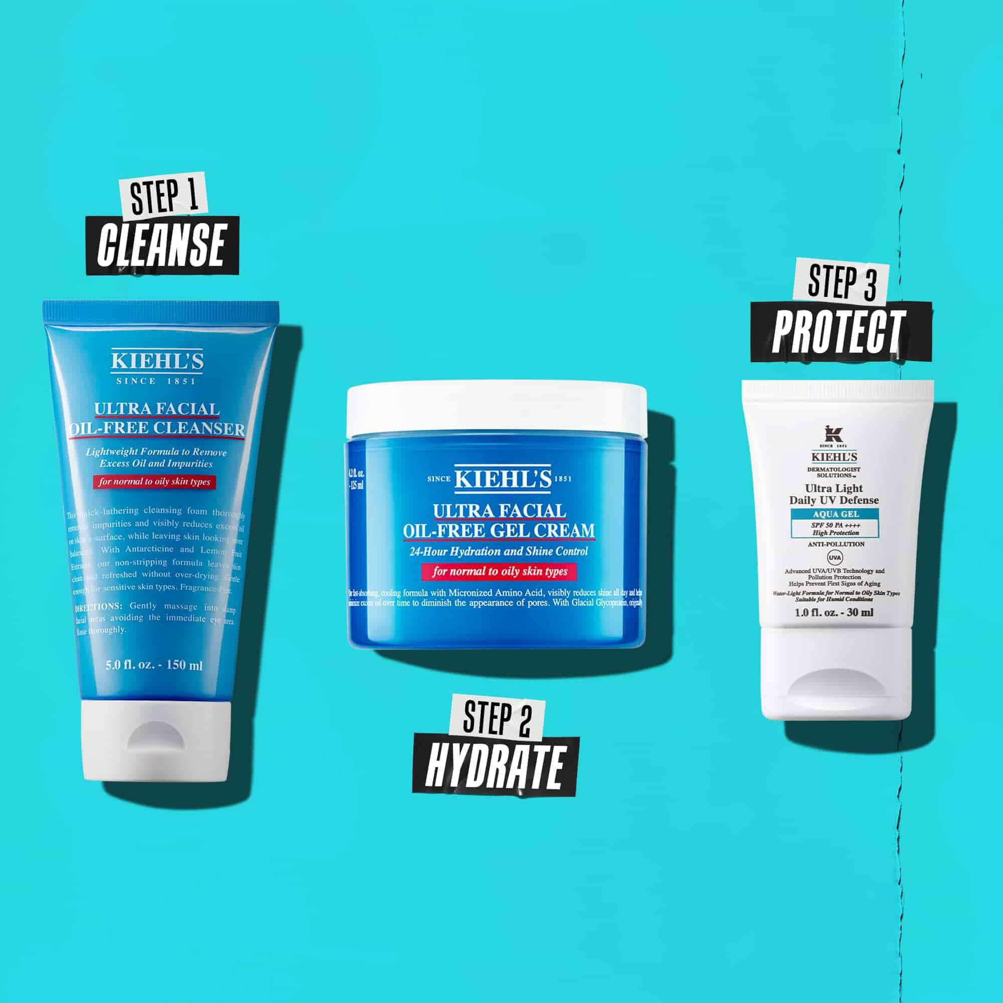 Trojkrokova rutina s produktmi Kiehl's. Krok 1: Ultra Facial Oil-Free Cleanser. Krok 2: Ultra Facial Oil-Free Gel Cream. Krok 3: Ultra Light Daily UV Defense Aqua Gel.