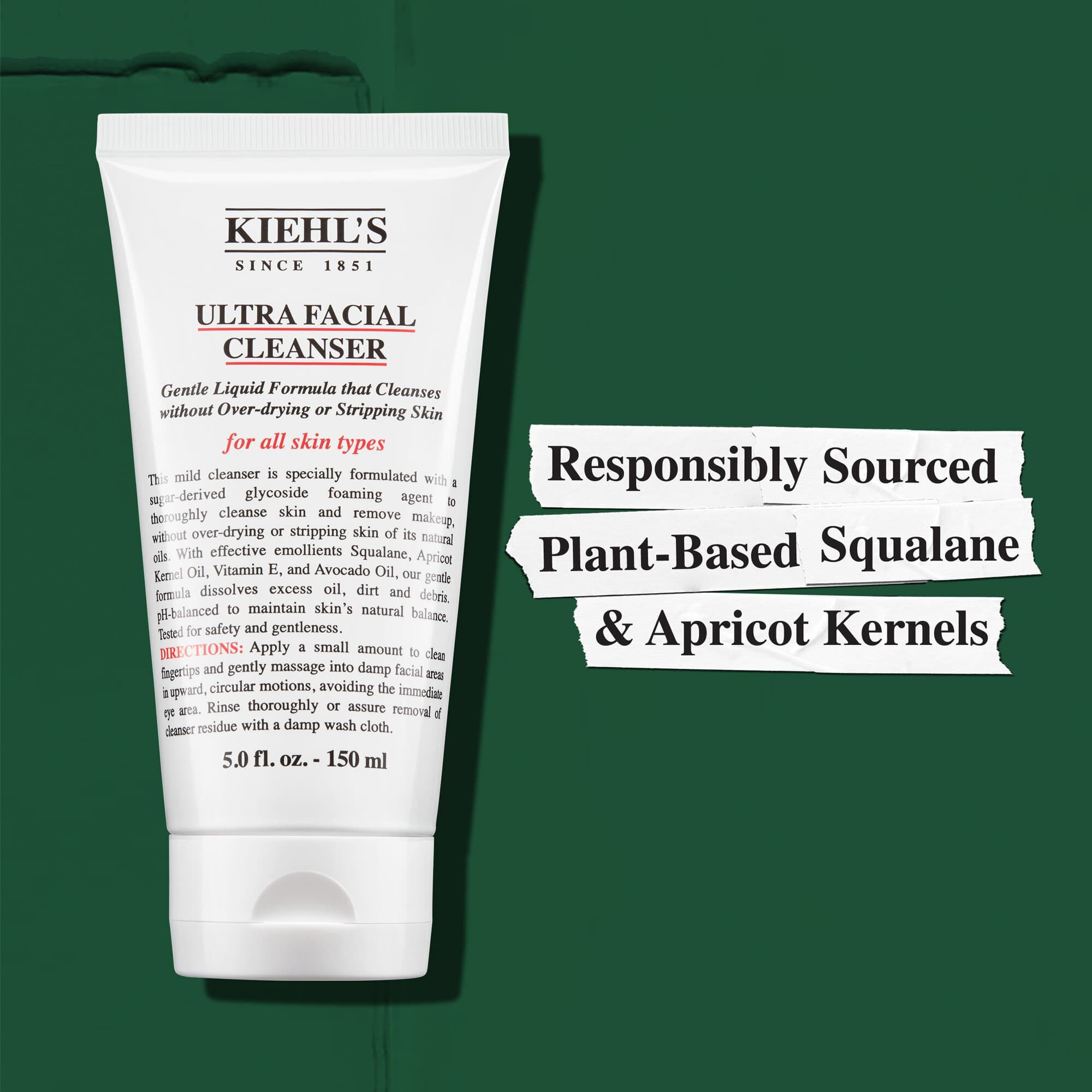Kiehl's Ultra Facial Cleanser obsahuje zodpovedne ziskavany rastlinny skvalan a marhuľove jadra