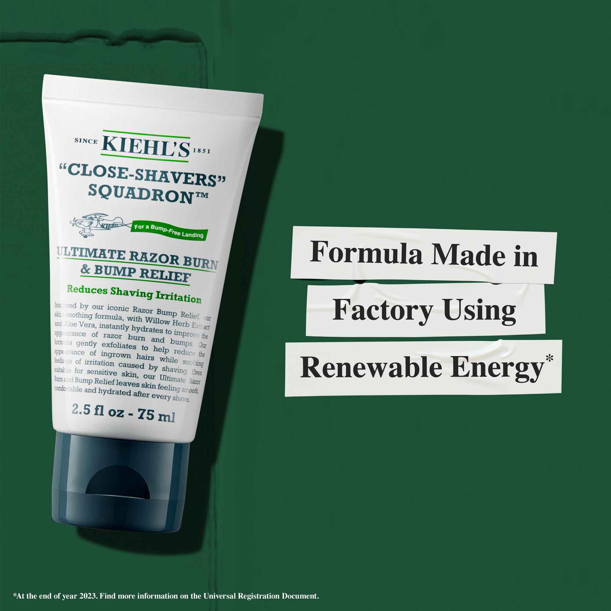 Tuba Close Shavers Squadron Smooth Glider Precision Shave Lotion s informaciou o udržateľnosti: „Zloženie vyrobene v tovarni využivajucej obnoviteľnu energiu.“