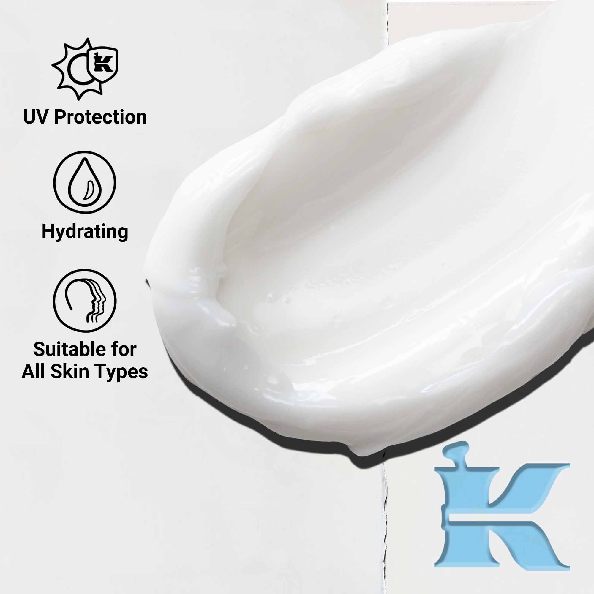 Detail textury Ultra Facial Cream SPF 30 ukazujuci ľahke, kremove zloženie. Text zdorazňuje UV ochranu a hydratačne učinky.