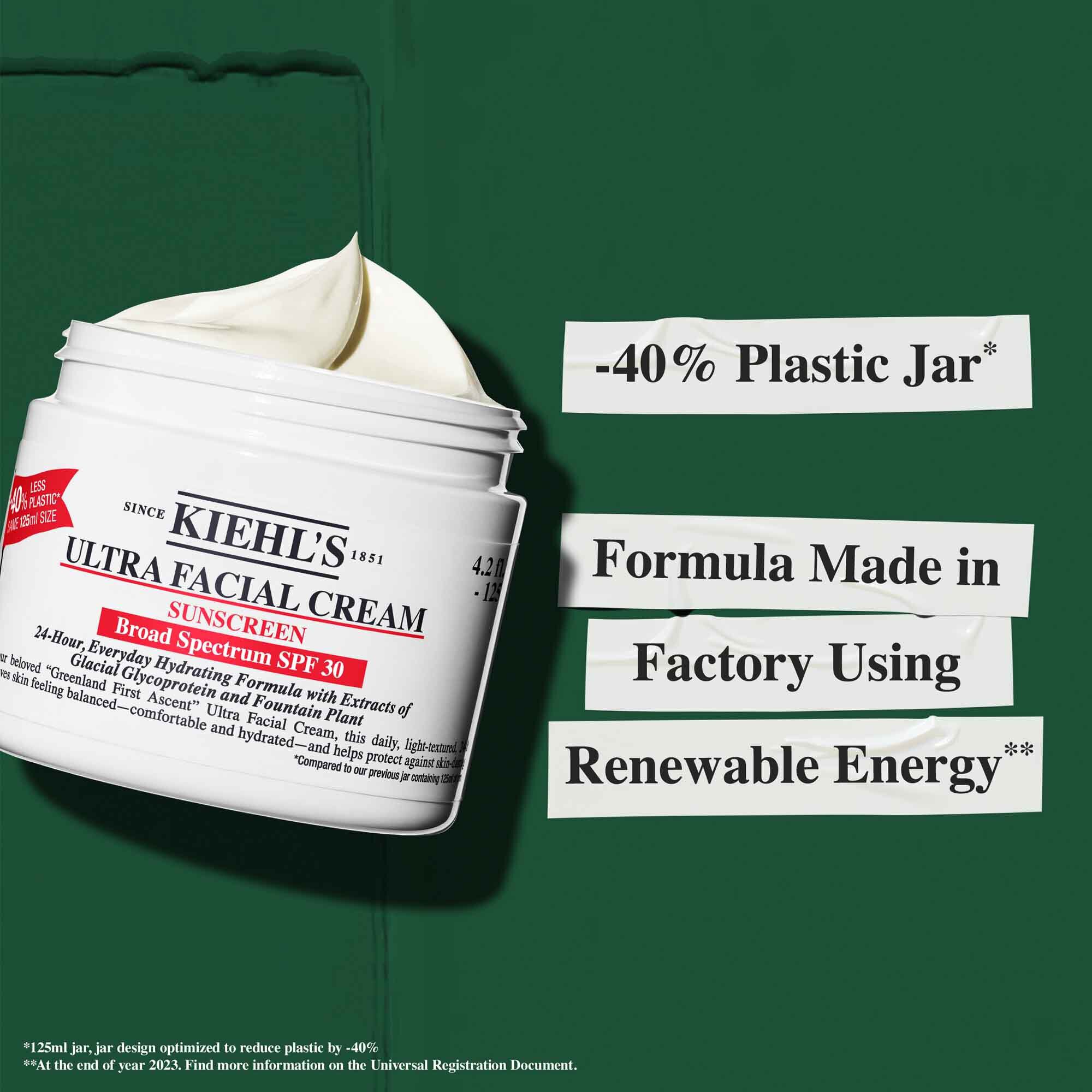 Teglik Ultra Facial Cream SPF 30 s textom zdorazňujucim udržateľnosť: „-40 % plastovy teglik“ a „Zloženie vyrobene v tovarni využivajucej obnoviteľnu energiu.“