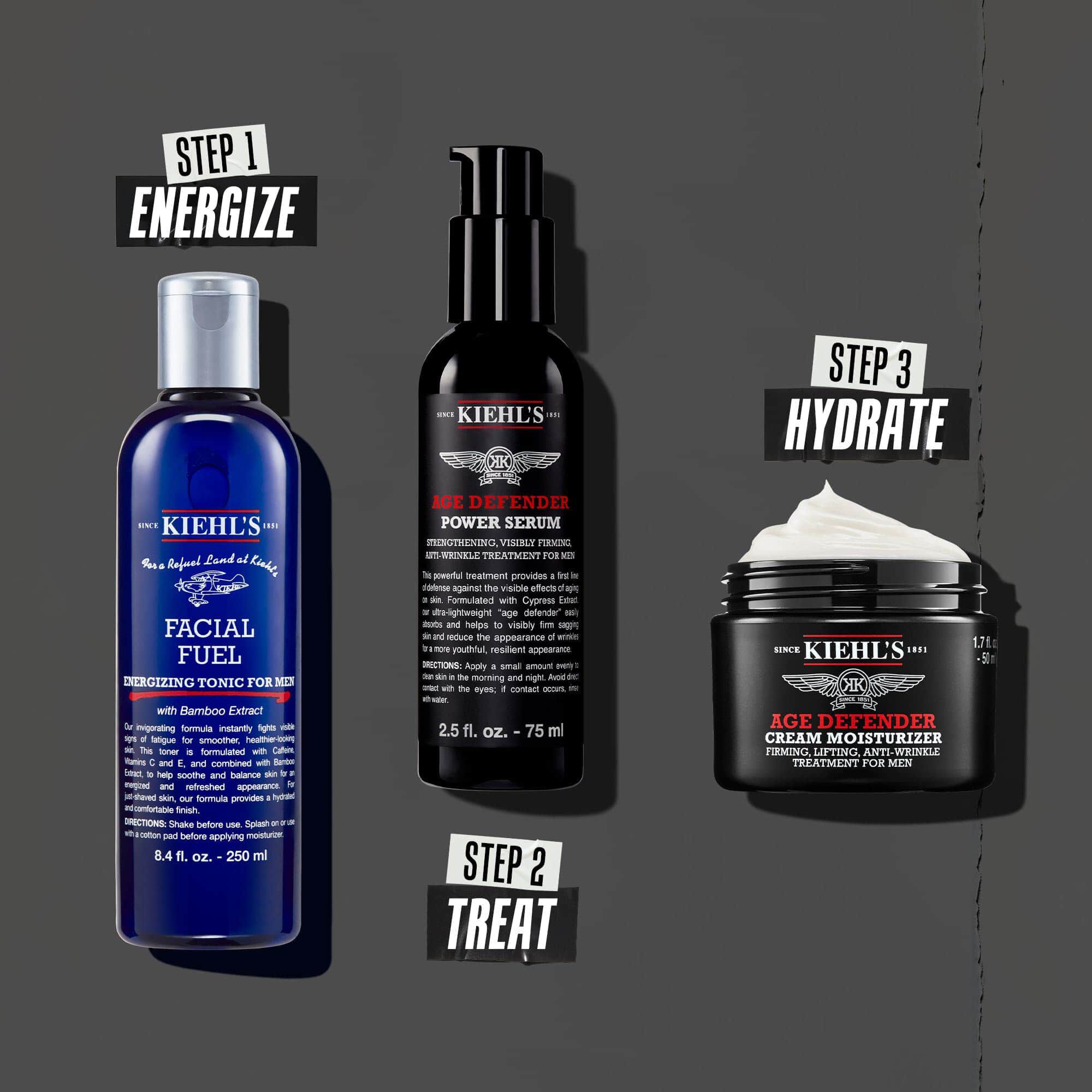 Trojkrokova rutina Age Defender: 1. krok: starostlivosť o oči. 2. krok: hydratačne serum. 3. krok: obnovujuci krem.