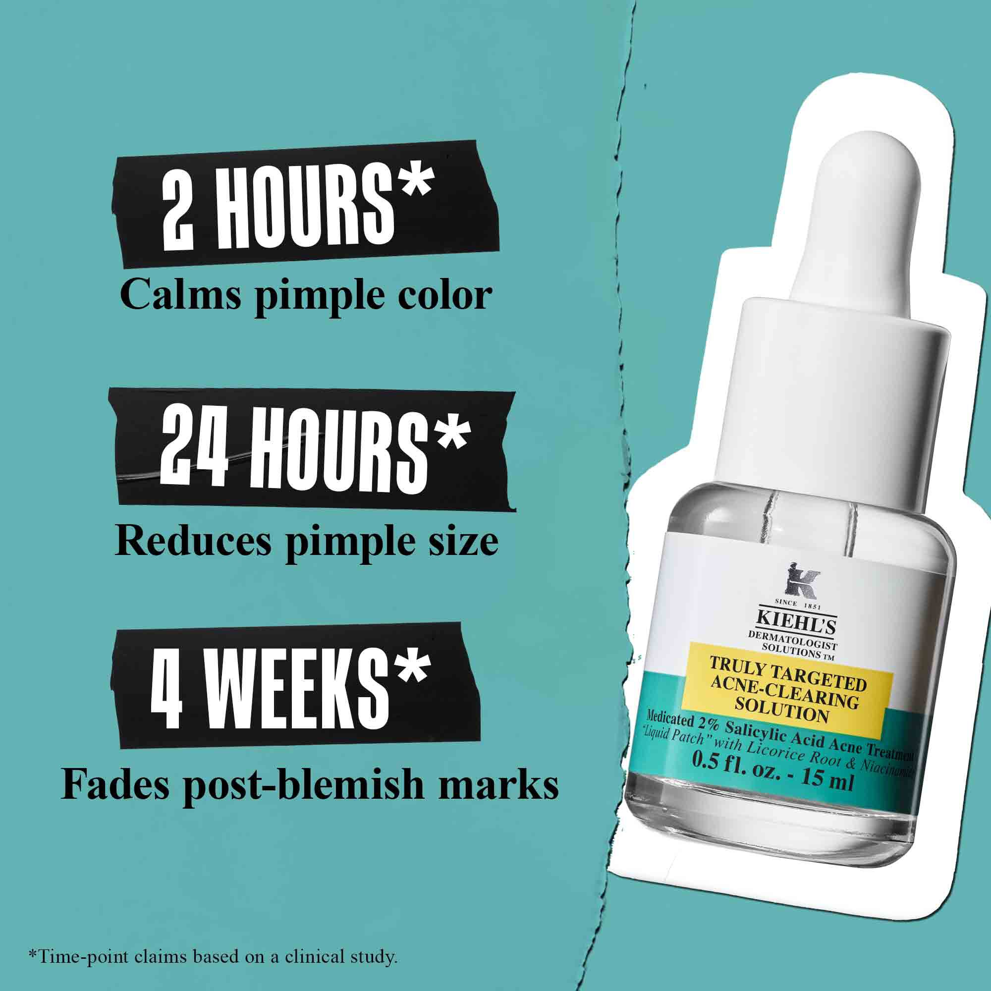 Fľaštička Truly-Targeted Blemish-Clearing Solution na zelenom pozadi s textom: "2 hodiny* Upokojuje farbu vyražky", "24 hodin* Zmenšuje veľkosť vyražky" a "4 tyždne* Zmierňuje stopy po akne".