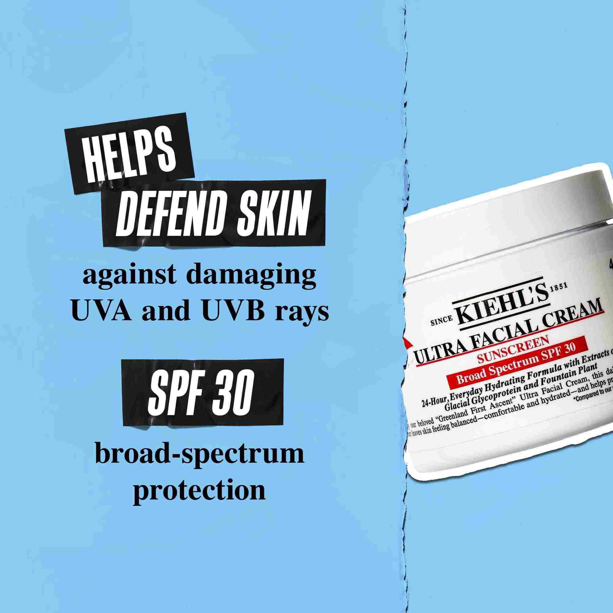 Teglik Ultra Facial Cream SPF 30 na modrom pozadi s textom: „Pomaha chraniť pleť pred škodlivymi UVA a UVB lučmi. SPF 30 širokospektralna ochrana.“