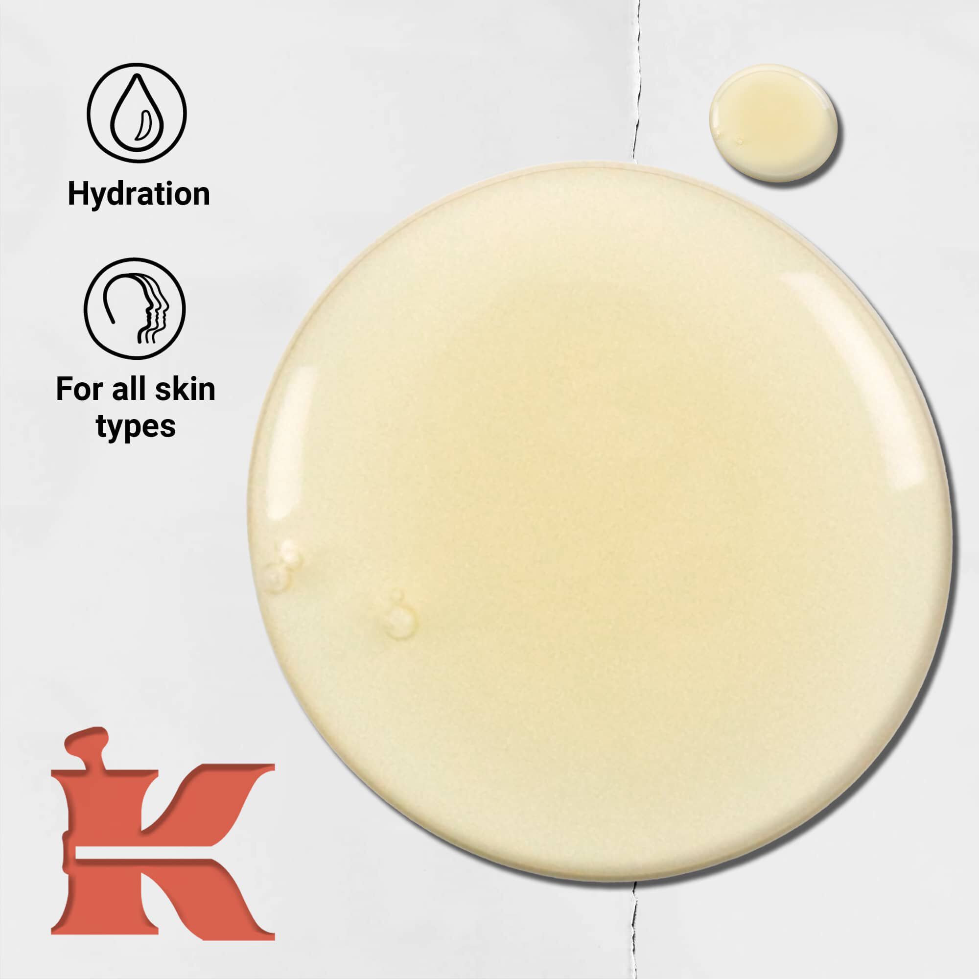 Fotografia textury tekuteho teloveho čistiaceho pripravku s grapefruitom s ikonami uvadzajucimi hydrataciu a vhodnosť pre všetky typy pleti