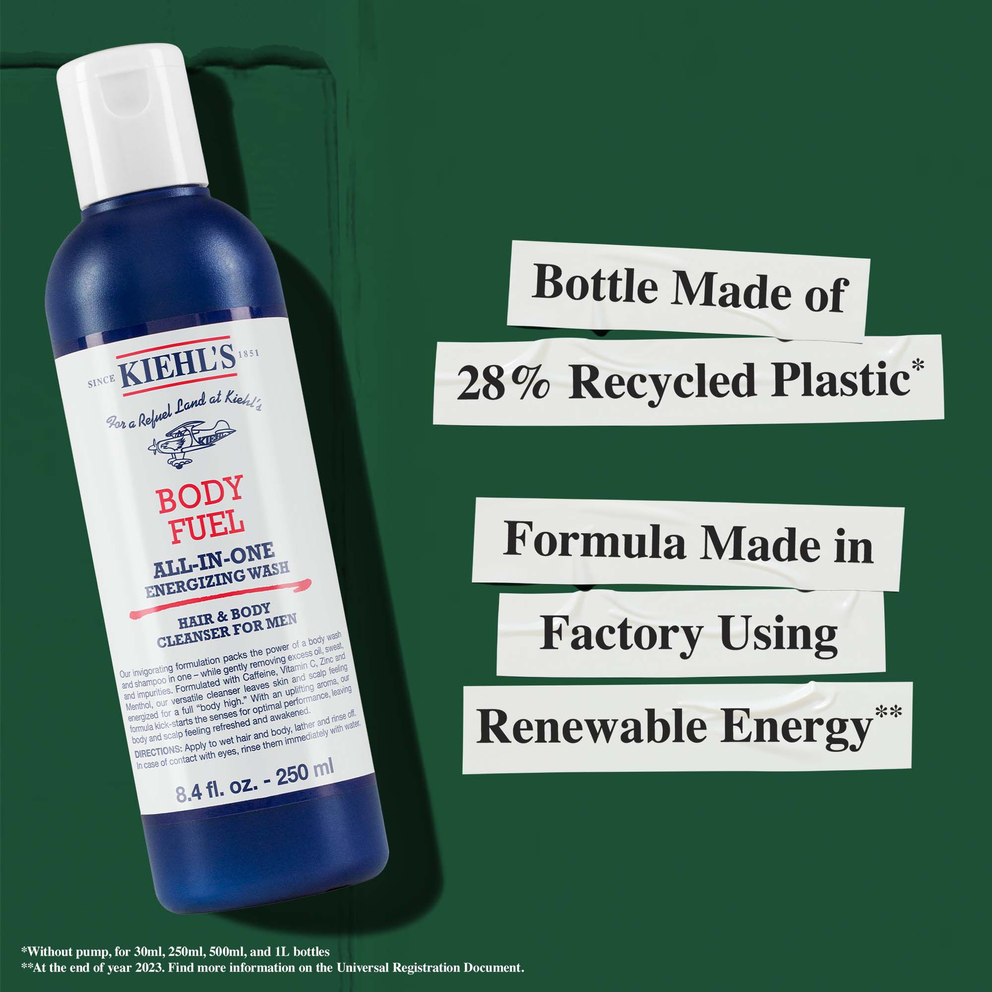 Fľaša Body Fuel vyrobena z 28 % z recyklovaneho plastu; zloženie vyrobene v tovarni využivajucej obnoviteľnu energiu.