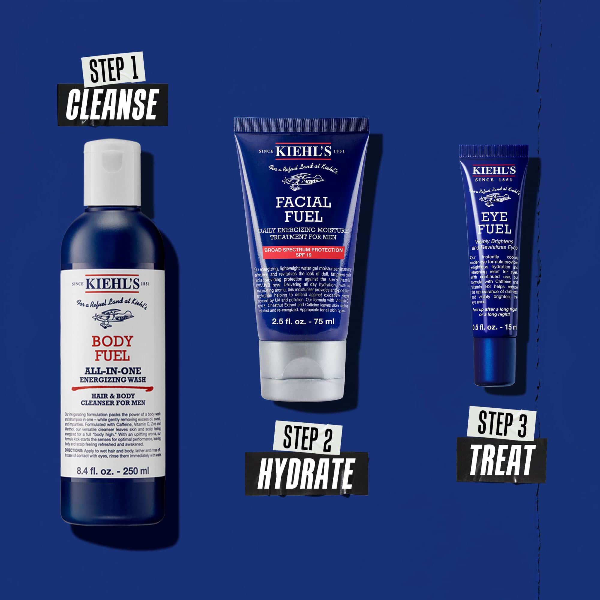 Trojkrokova rutina Body Fuel: 1. krok: umyvanie. 2. krok: hydratacia so starostlivosťou Facial Fuel. 3. krok: očny krem Facial Fuel Eye Fuel.