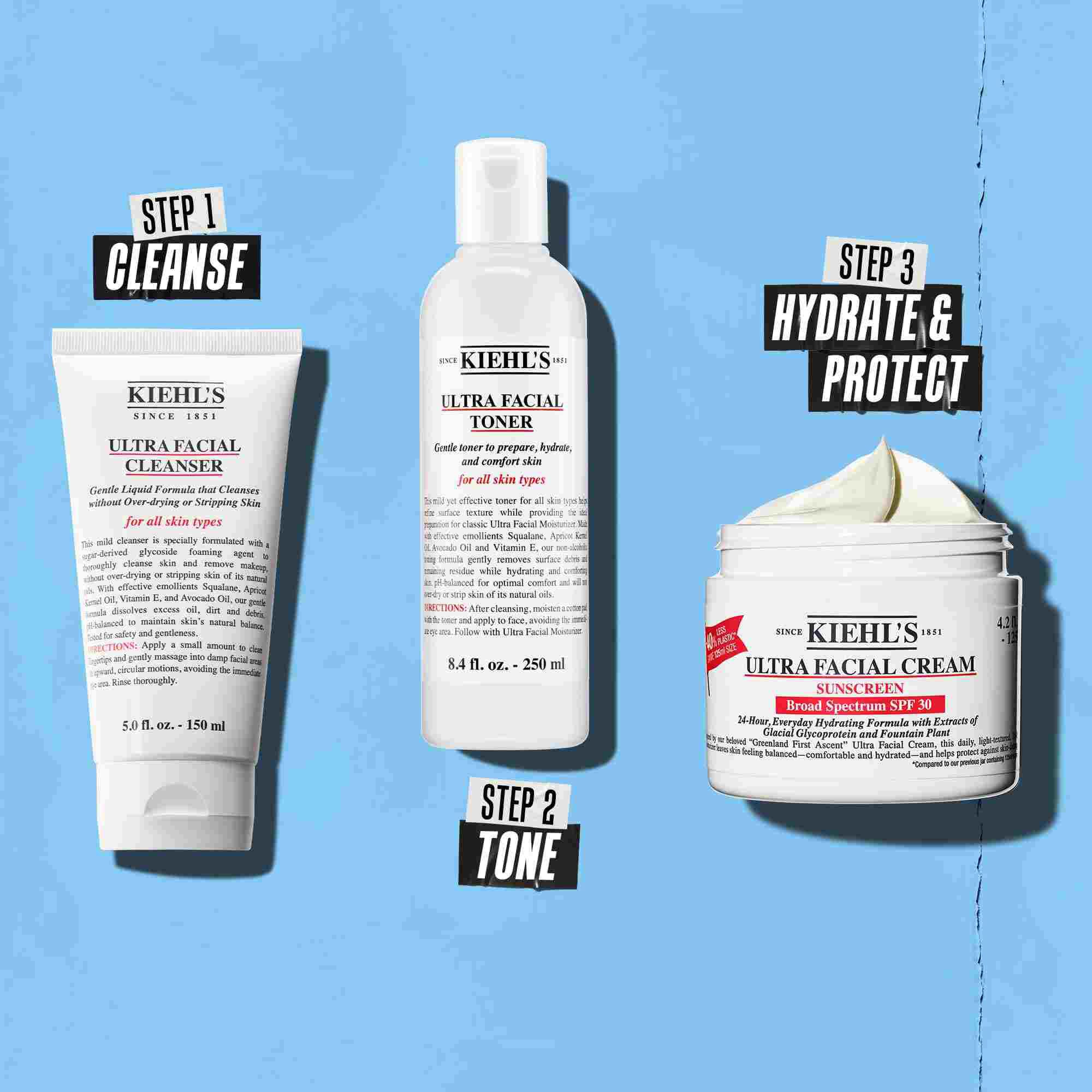 Trojkrokova rutina s produktmi Kiehl's. Krok 1: Ultra Facial Cleanser. Krok 2: Ultra Facial Toner. Krok 3: Ultra Facial Cream SPF 30.