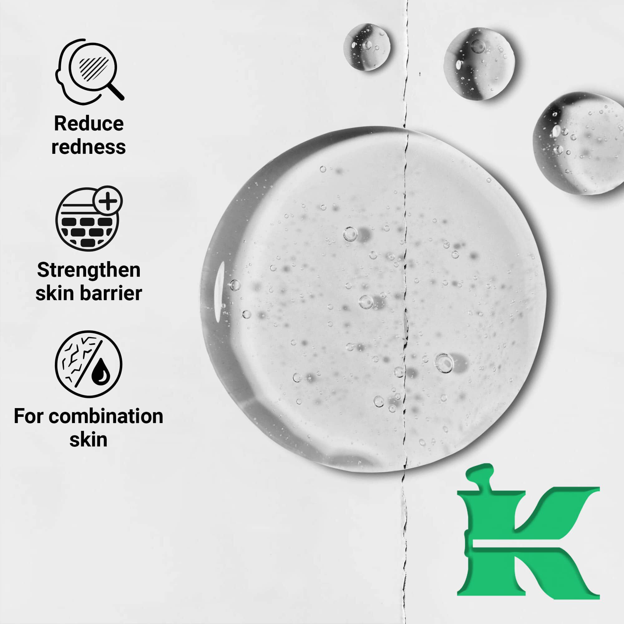 Fotografia textury s ikonami: redukuje začervenanie, posilňuje kožnu barieru, pre zmiešanu pleť