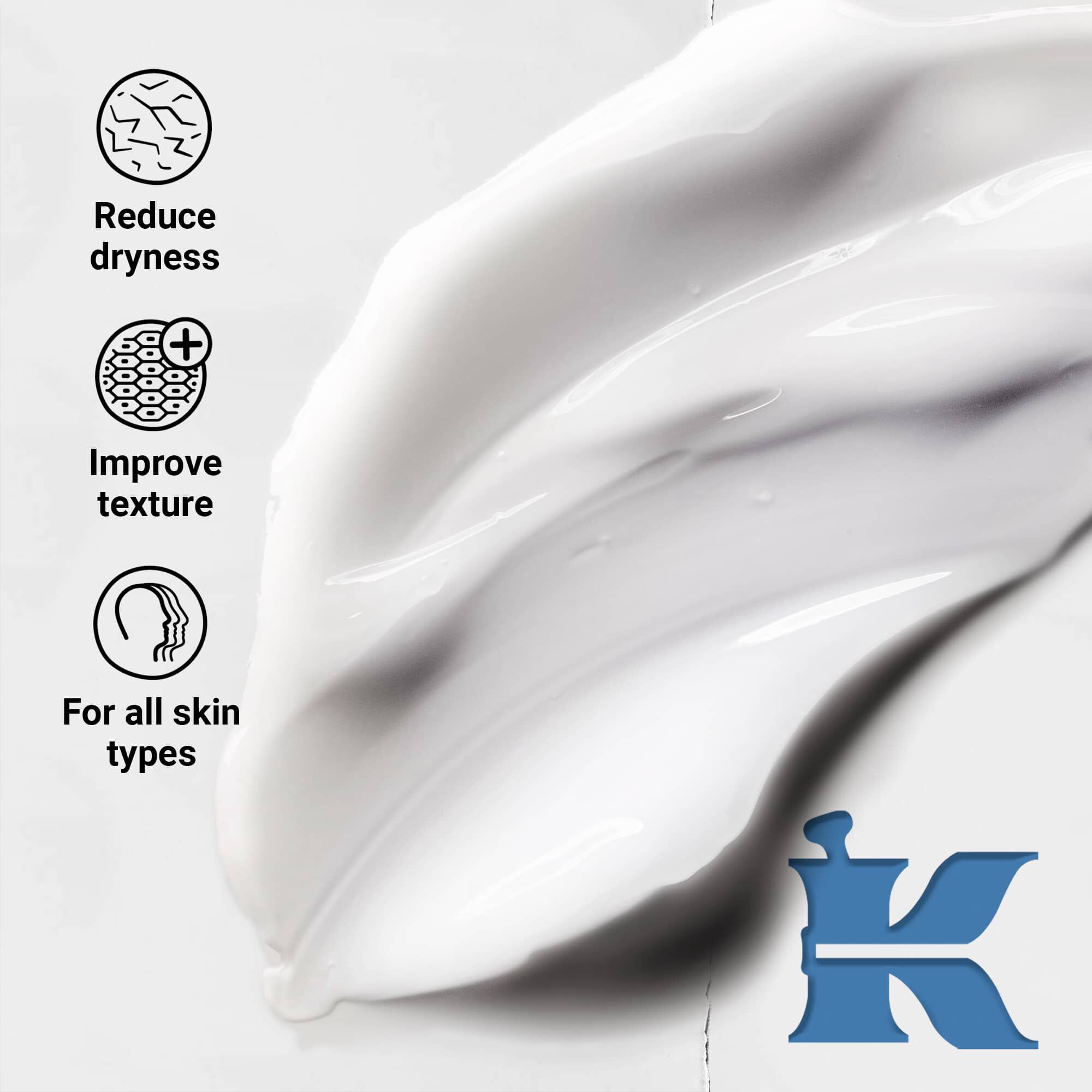 Fotografia textury produktu uvadzajuca, že zmierňuje vysušenie, zlepšuje texturu a je pre všetky typy pleti