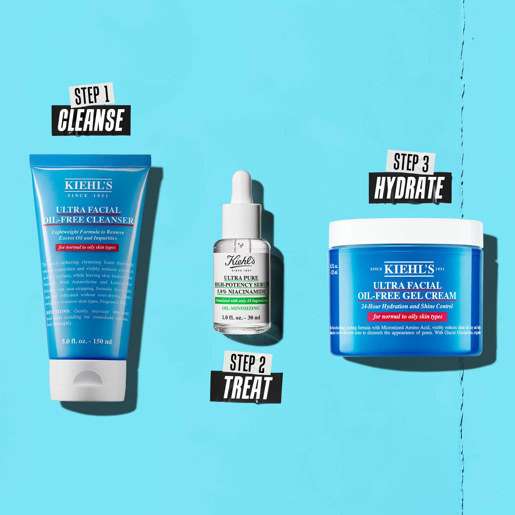 Trojkrokova rutina s produktmi Kiehl's. Krok 1: Ultra Facial Oil-Free Cleanser. Krok 2: Niacinamidove serum. Krok 3: Ultra Facial Oil-Free Gel Cream.