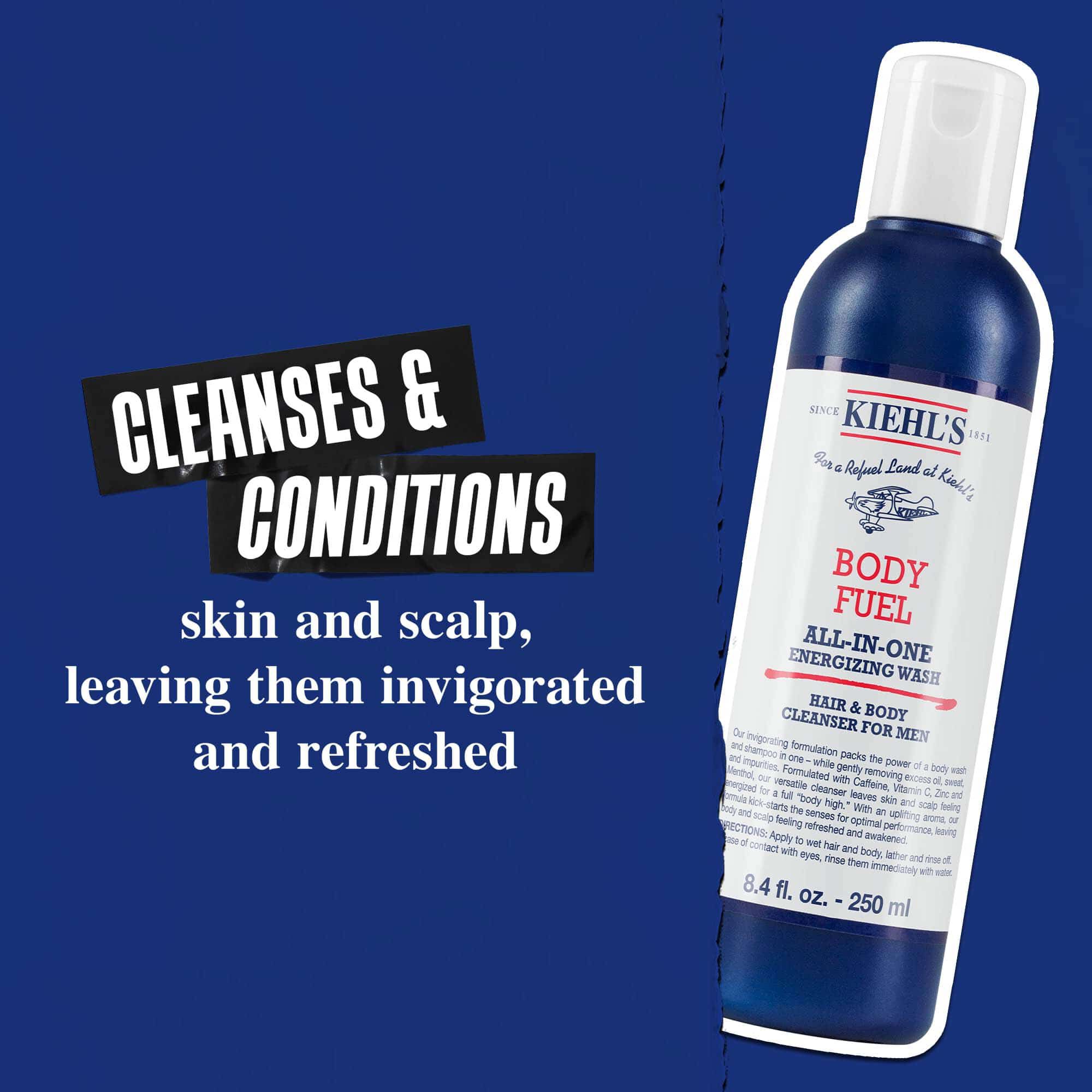 Body Fuel All-In-One Energizing Wash: Čisti a ošetruje pokožku, vlasy a vlasovu pokožku, zanechava ich povzbudene a osviežene.