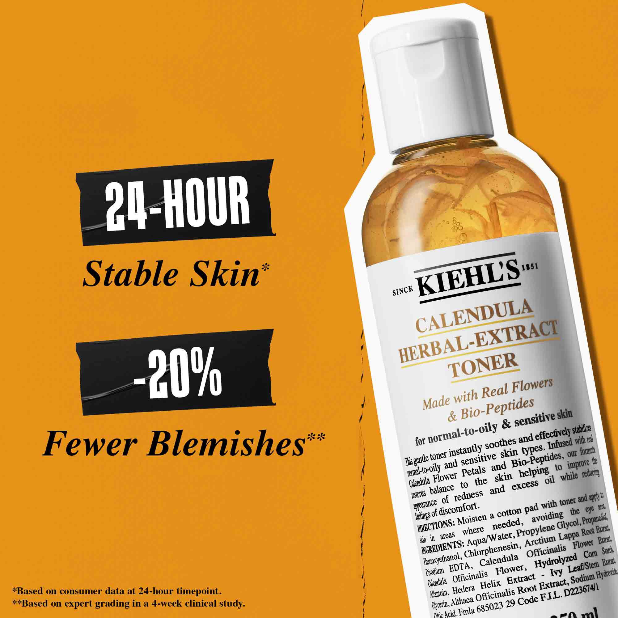 Fľaštička Calendula Herbal-Extract Toner na oranžovom pozadi s textom: „Po 3 dňoch: Viditeľne prve zlepšenia začervenania, mastnoty a lesku a vzhľadu porov.“