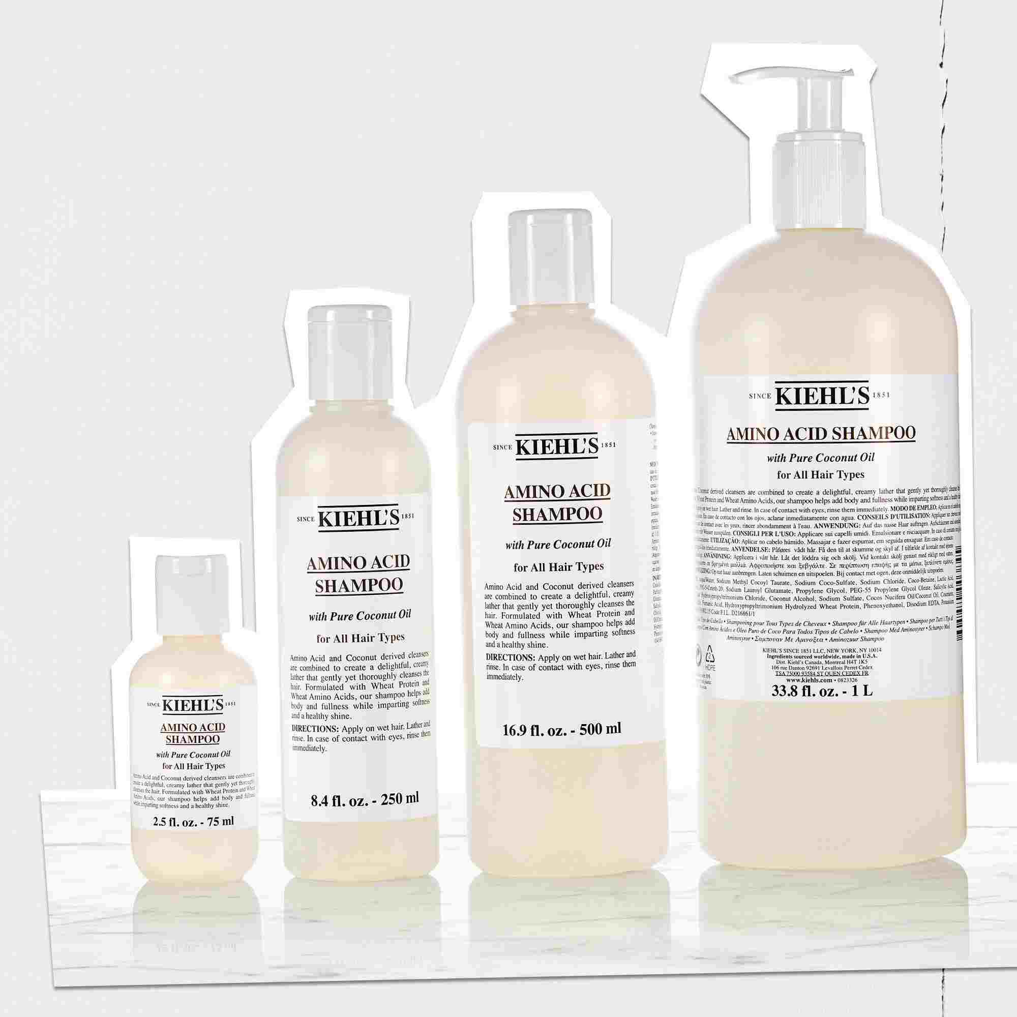 Rad fliaš šamponu Kiehl's Amino Acid v roznych veľkostiach