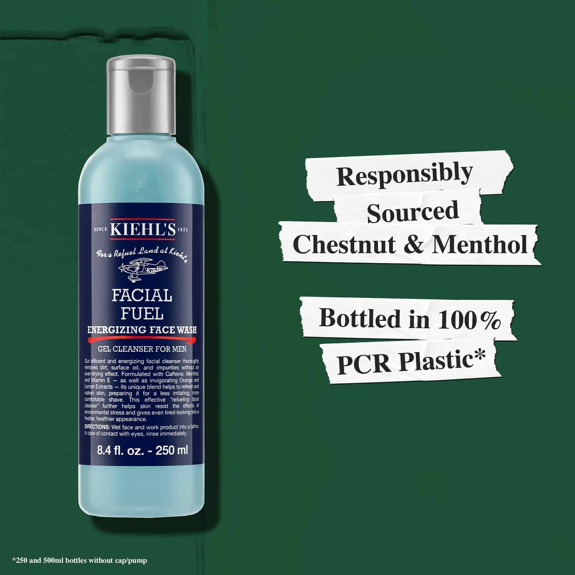 Čistiaci gel Facial Fuel obsahuje zodpovedne ziskavane zložky a fľaštička je vyrobena zo 100 % recyklovaneho plastu (PCR)