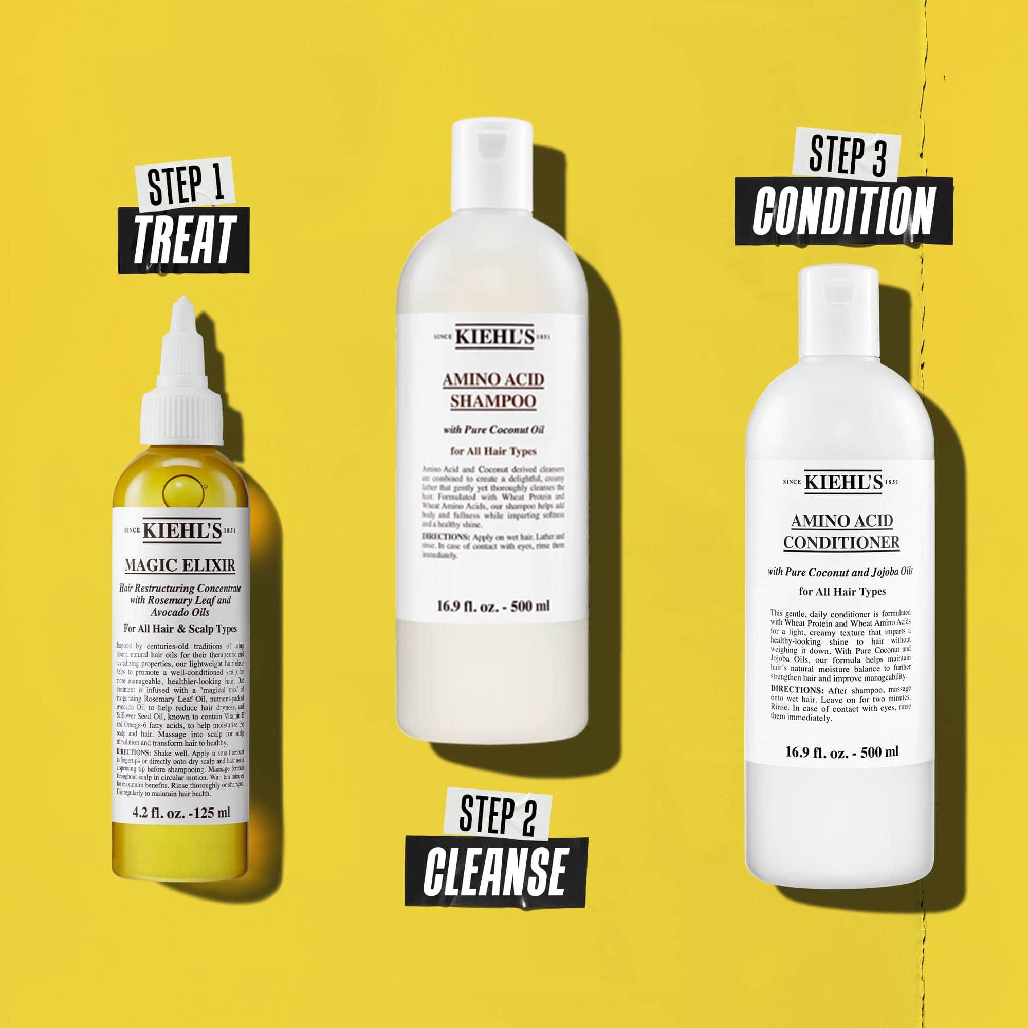 Trojkrokova vlasova rutina s produktmi Kiehl's. Krok 1: Magic Elixir Hair Oil. Krok 2: Amino Acid Shampoo. Krok 3: Amino Acid Conditioner. Text označuje kroky ako „Ošetriť“, „Vyčistiť“ a „Kondicionovať“.