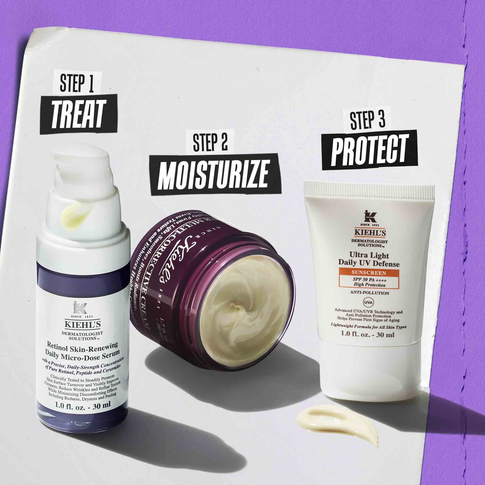 Ilustracia rutiny Retinol Skin Renewing Daily Microdose – čistenie, starostlivosť, starostlivosť o oči, ochrana