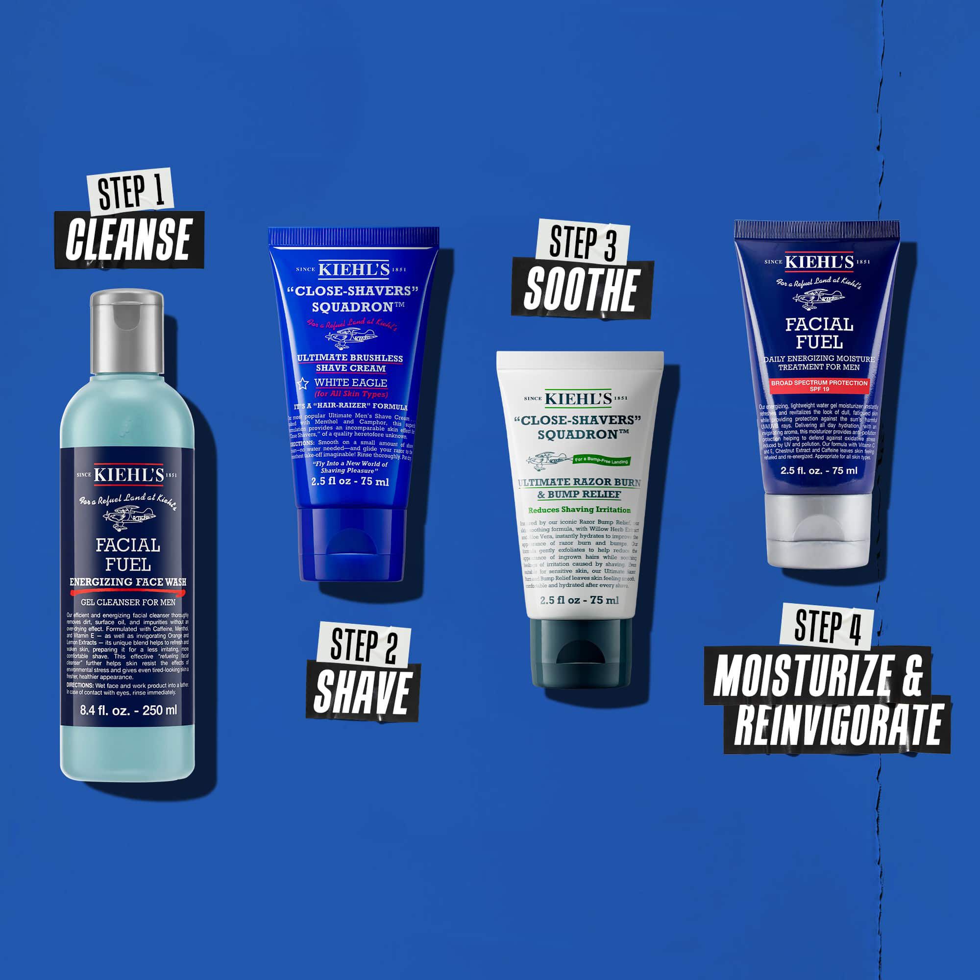Štvorkrokova rutina s produktmi Kiehl's. Krok 1: Facial Fuel Cleanser. Krok 2: Ultimate Brushless Shave Cream. Krok 3: Ultimate Razor Bump and Relief. Krok 4: Facial Fuel Moisturizer.