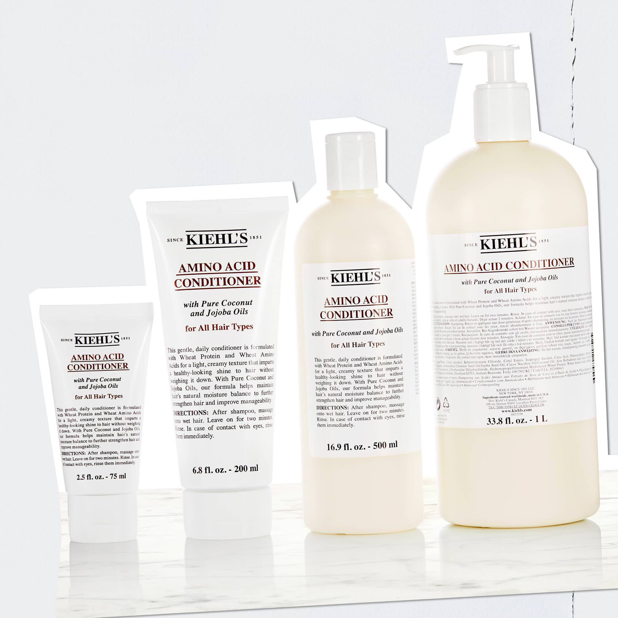 Kiehl's Amino Acid Conditioner sa bali vo veľkostiach od 2,5 fl. oz. – 75 ml až po 33,8 fl. oz. – 1 L