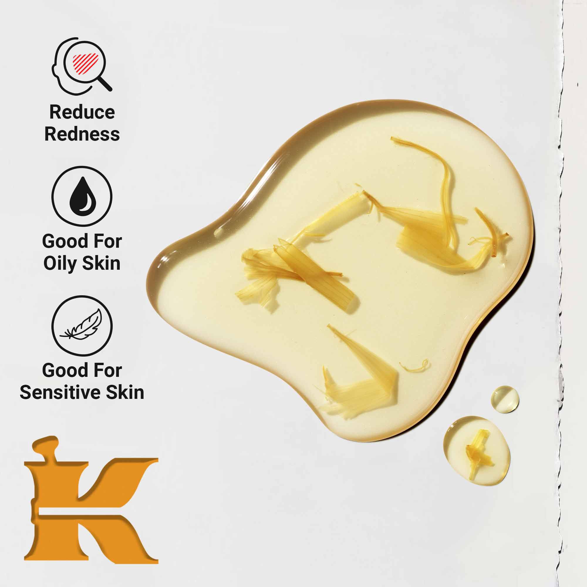 Detail textury Calendula Herbal-Extract Toner zobrazujuci rozotretu tekutinu s lupeňmi nechtika. Text zdorazňuje vyhody pre zniženie začervenania a vhodnosť pre mastnu a citlivu pleť.